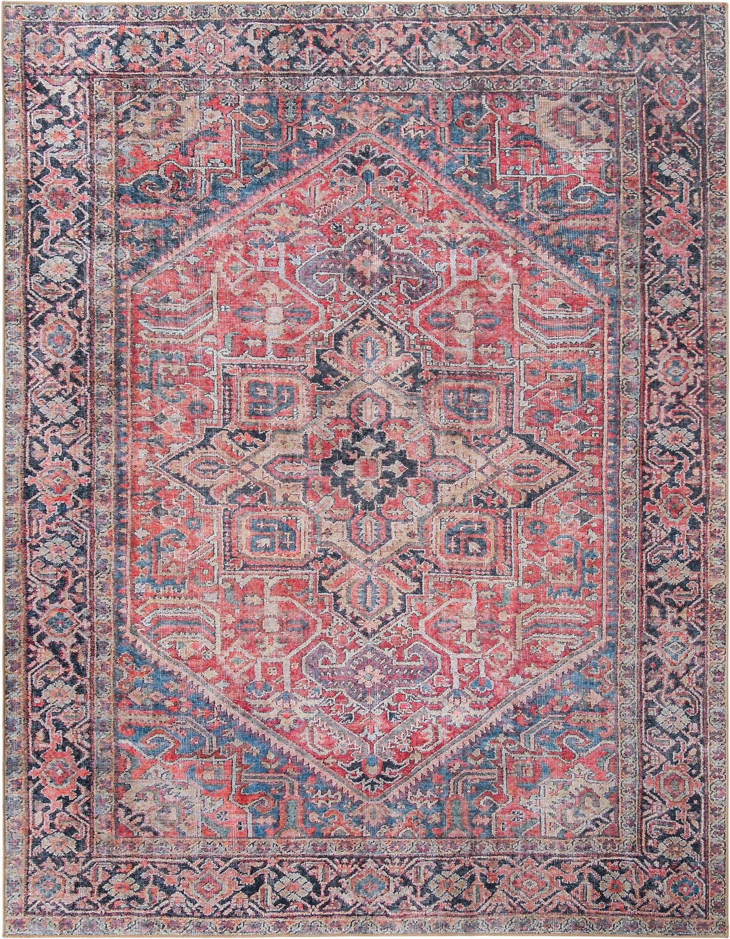 A 9x12 rectangular red transitional rug with a distressed medallion pattern and a dark border, perfect for a living room.