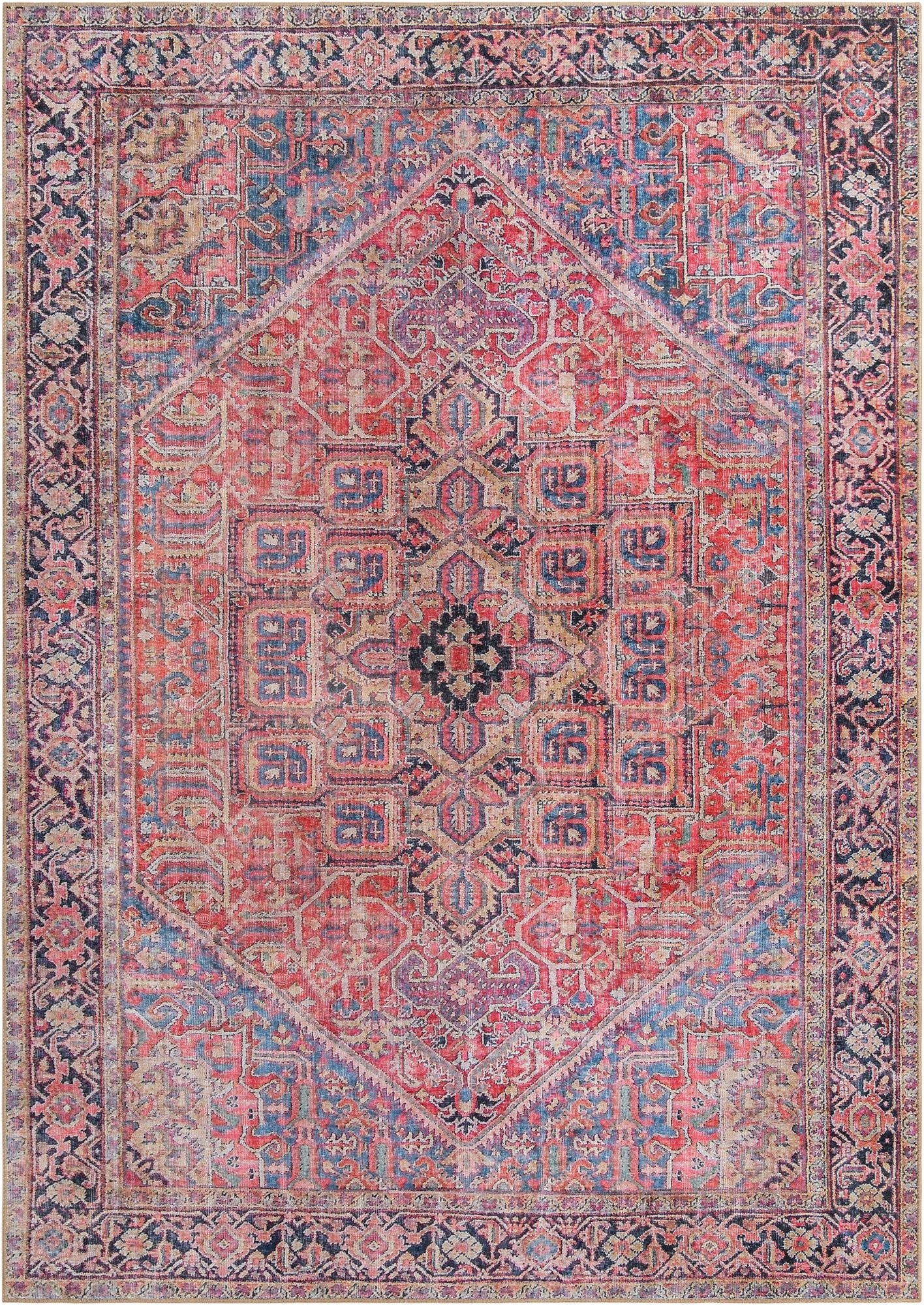 An 8x11 rectangular red Oriental rug with a faded vintage look, featuring a central medallion and intricate blue and beige patterns.