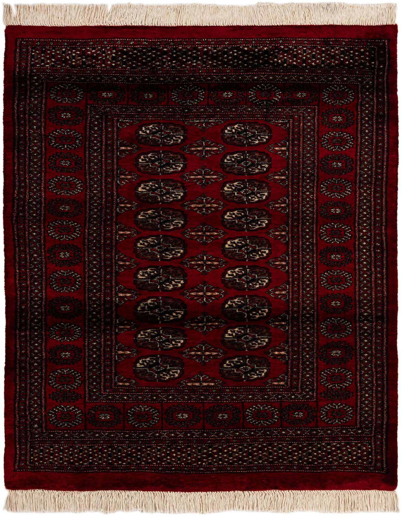 A 4x6 rectangular Torkaman rug features a deep red field with traditional black and cream Persian medallions and a detailed border, perfect for an entryway.