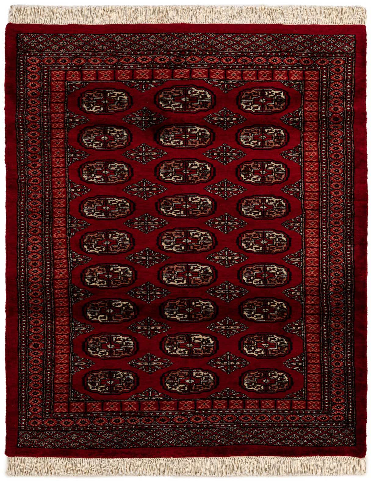 A 4x6 rectangular Torkaman wool rug in deep red with traditional Persian medallions and a detailed border, featuring cream fringes.