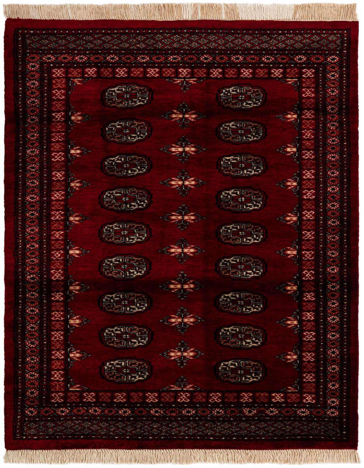 A 3x5 rectangular Torkaman rug in deep red with traditional Persian patterns and fringe.