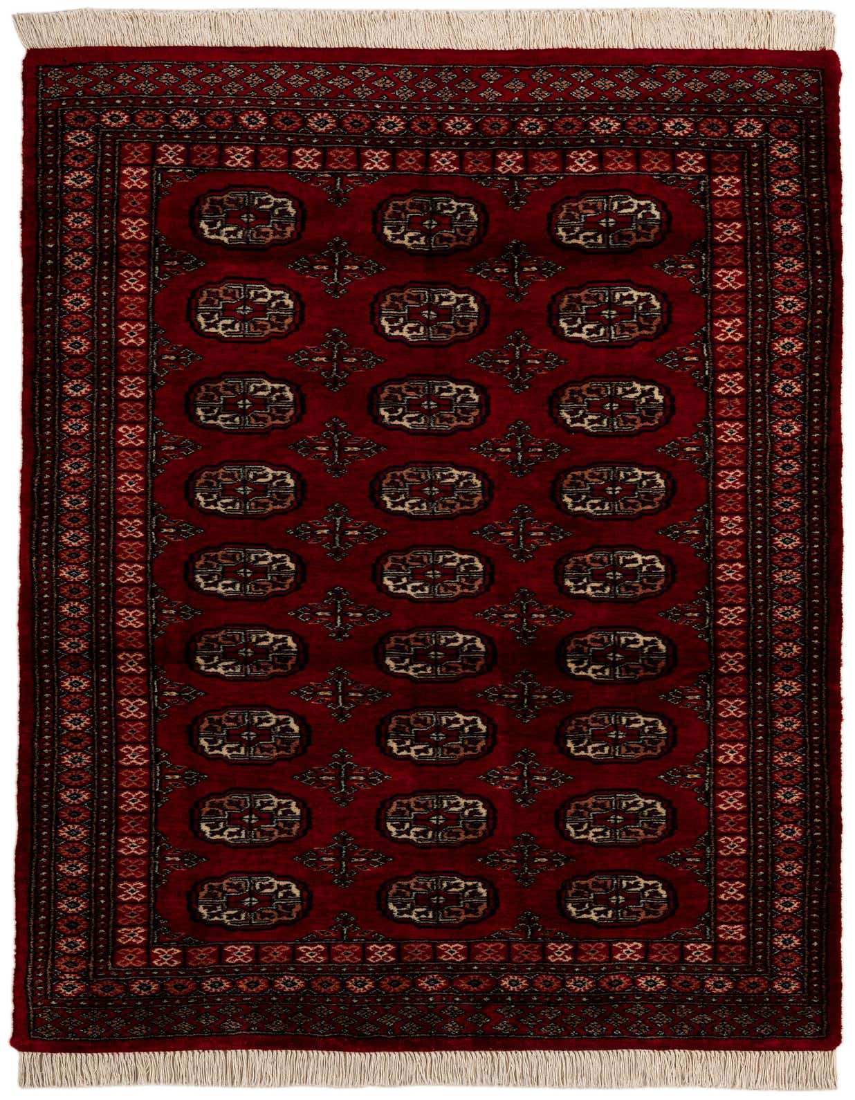 A 4x6 rectangular red Persian rug with traditional geometric patterns and a detailed border, featuring white fringe.