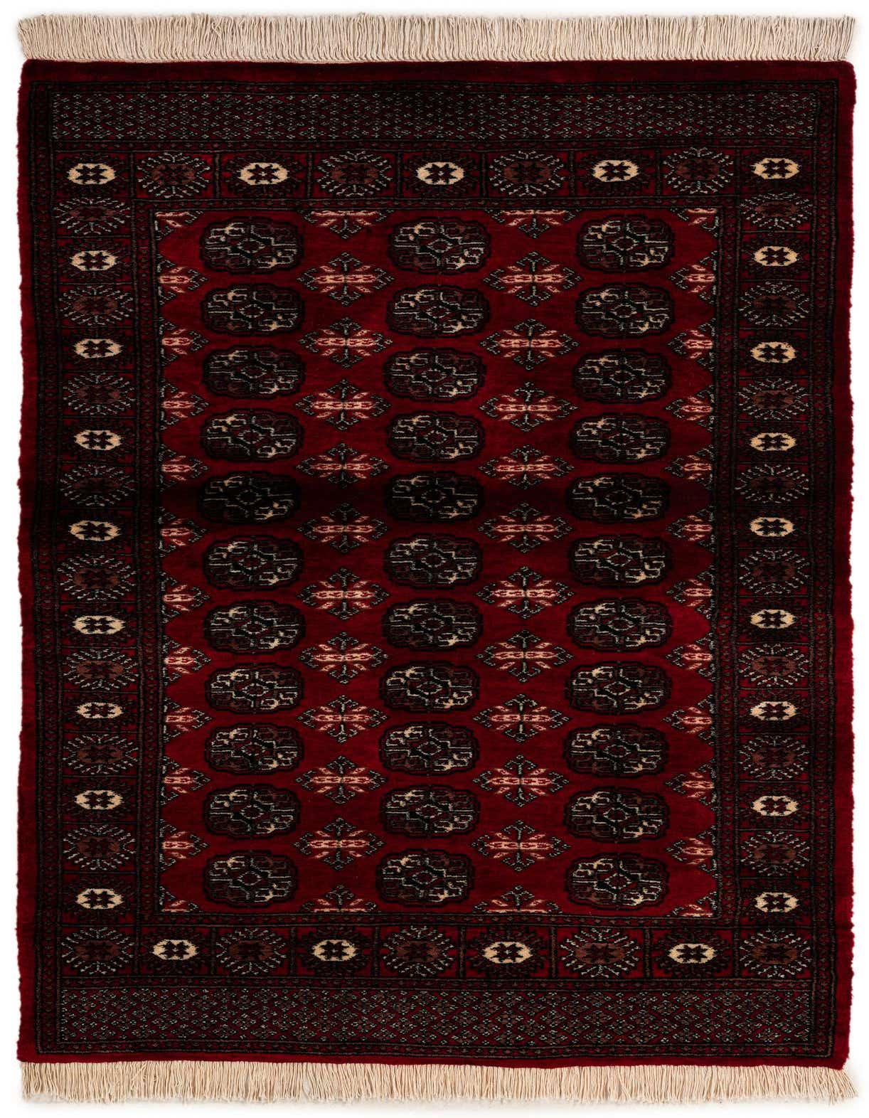 A 4x6 rectangular Torkaman rug featuring a rich red field with traditional Persian medallion patterns and a dark border.