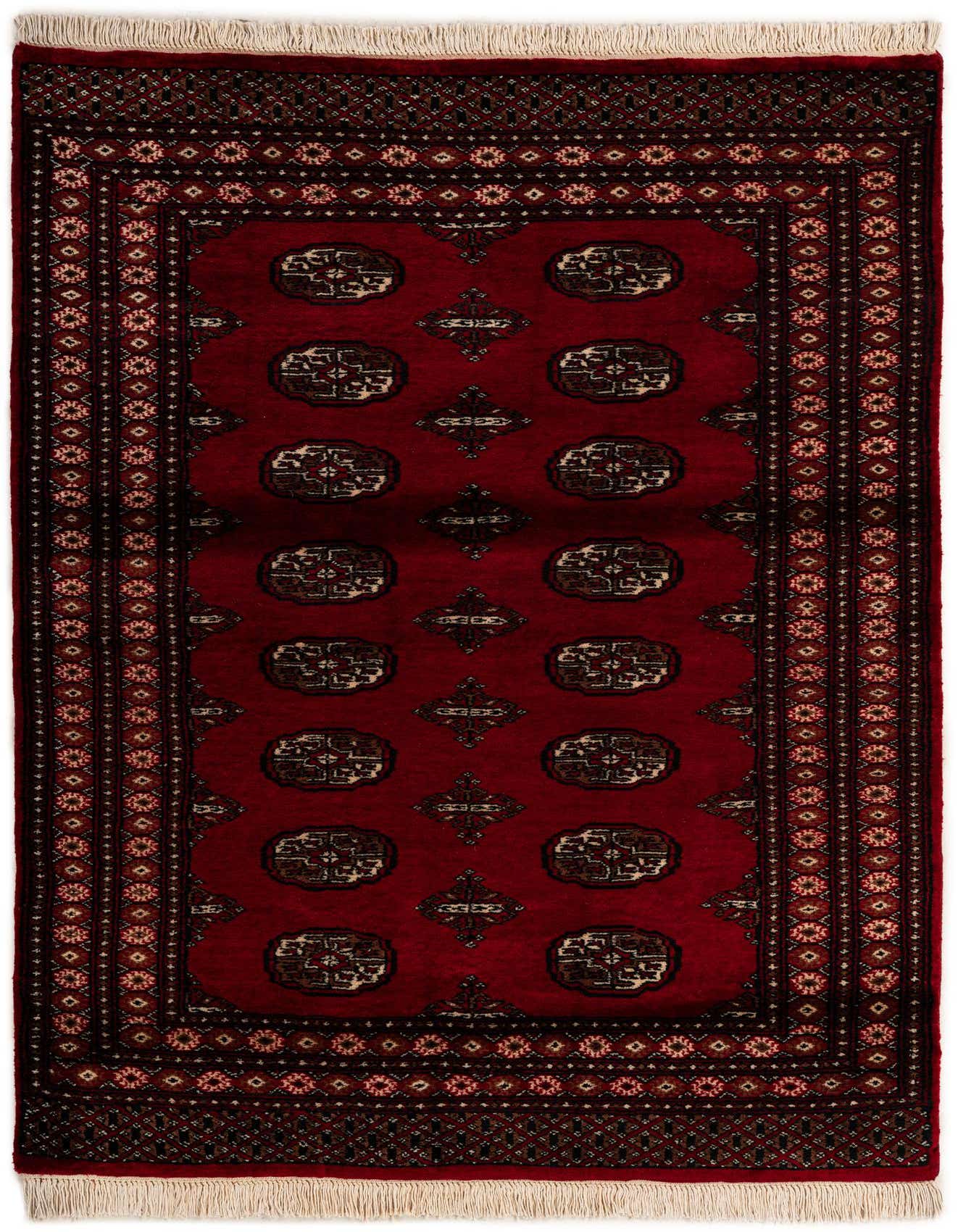 A 4x6 rectangular Torkaman rug featuring a rich red field with traditional Persian medallions and an intricate border, suitable for an indoor living room.