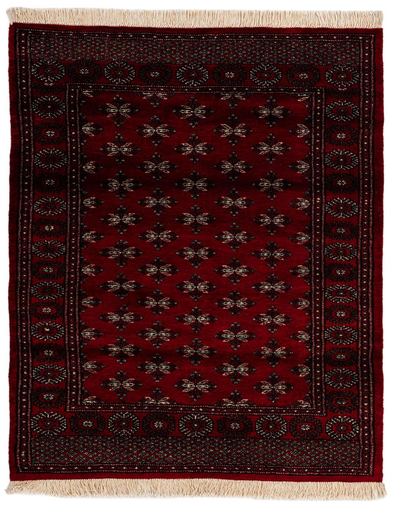 A 4x6 rectangular Torkaman wool rug in deep red with traditional Persian patterns and cream fringe.