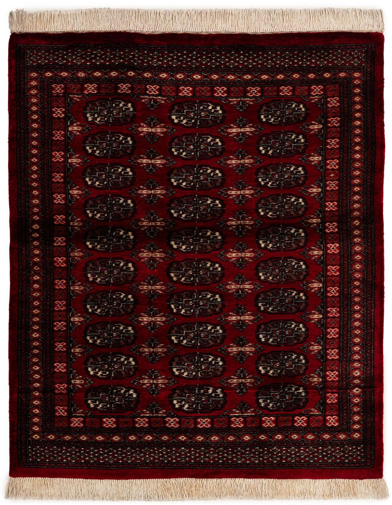 A 4x6 rectangular Torkaman wool rug in deep red with traditional Oriental patterns and fringe.