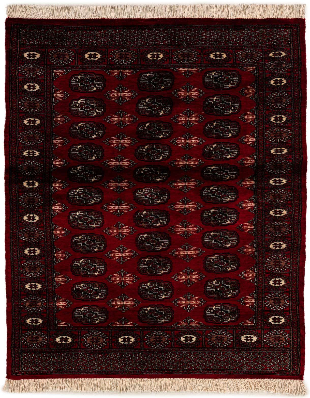 A 4x6 rectangular Torkaman rug in deep red with traditional Persian patterns and a detailed border, featuring cream fringes.