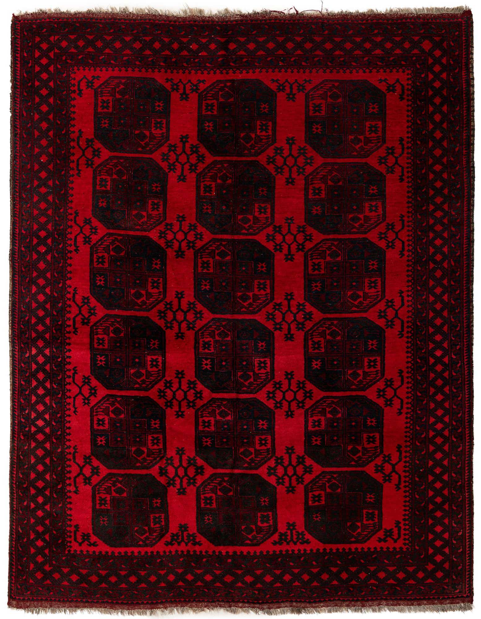 A 7x10 rectangular Rugs.com Torkaman rug featuring a traditional Persian pattern in deep reds and black, perfect for a living room.