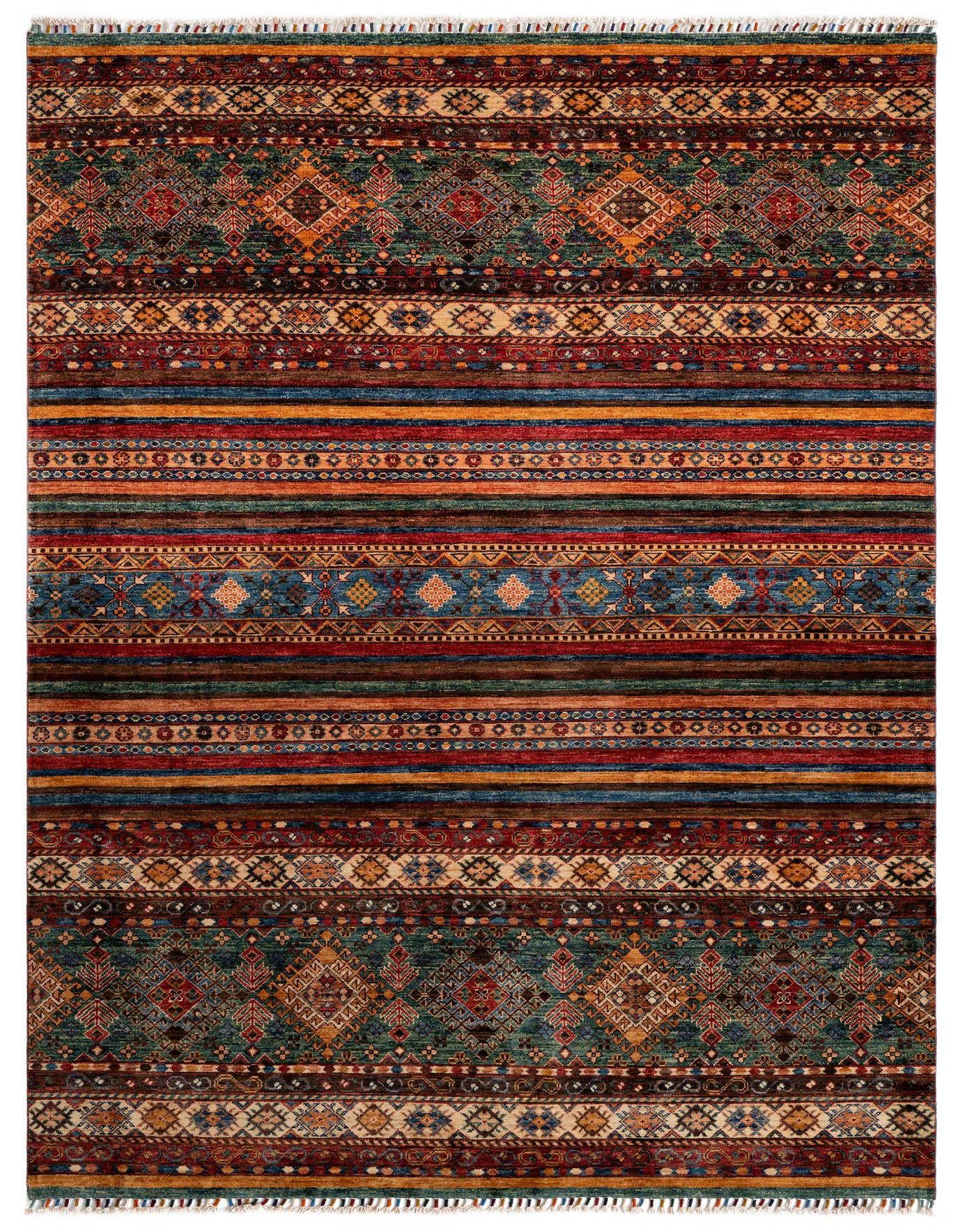 A 5x8 rectangular Torkman Persian rug with intricate patterns in rich reds, blues, greens, and gold, featuring a medium pile and fringed edges.