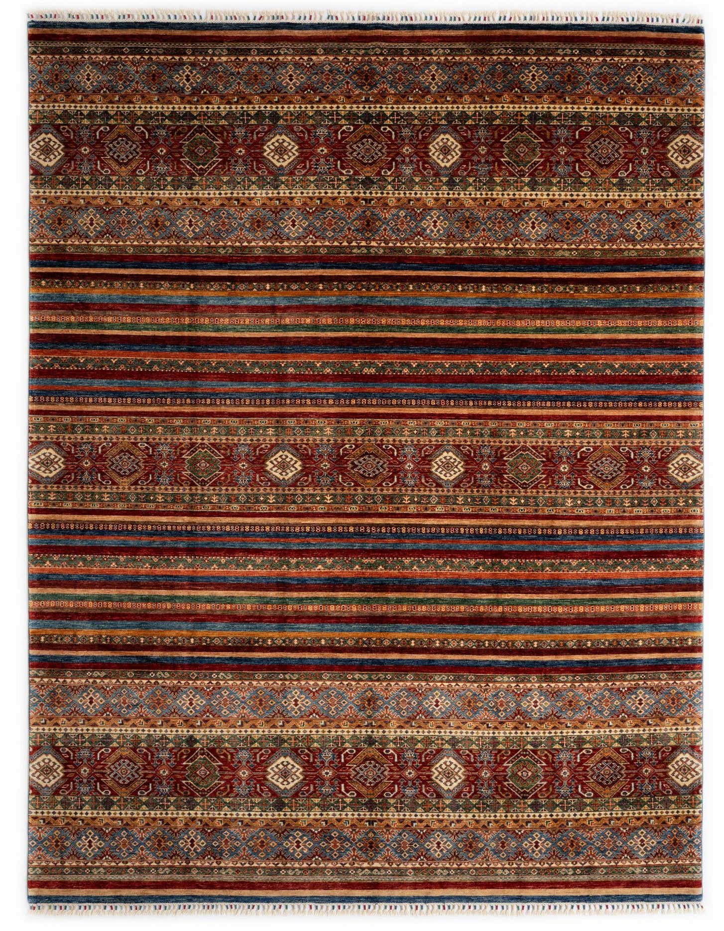 A 9x12 rectangular Torkman Persian rug with a rich red base and intricate striped patterns in blue, gold, and green.