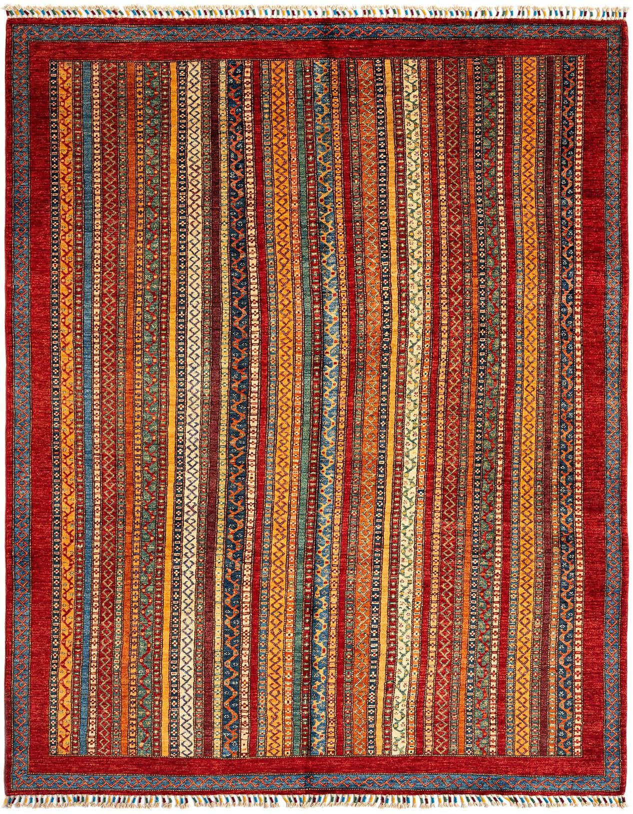 A 6x9 rectangular Torkman Persian rug with a red border and colorful striped pattern, featuring intricate geometric motifs.