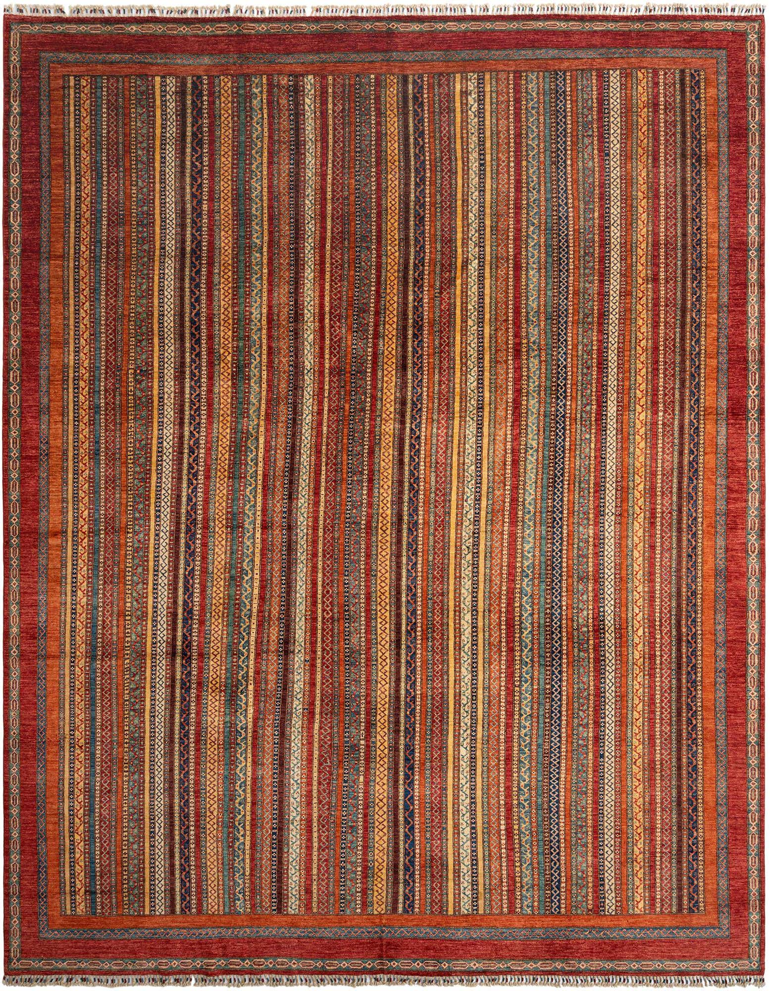 A large 12x15 rectangular Persian rug featuring vertical stripes in various shades of red, orange, blue, and brown, with a solid red border.