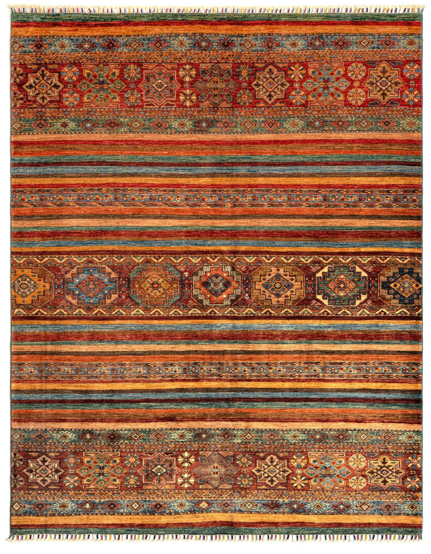A 5x8 rectangular Torkman Persian rug with intricate red, blue, and gold patterns and striped bands.