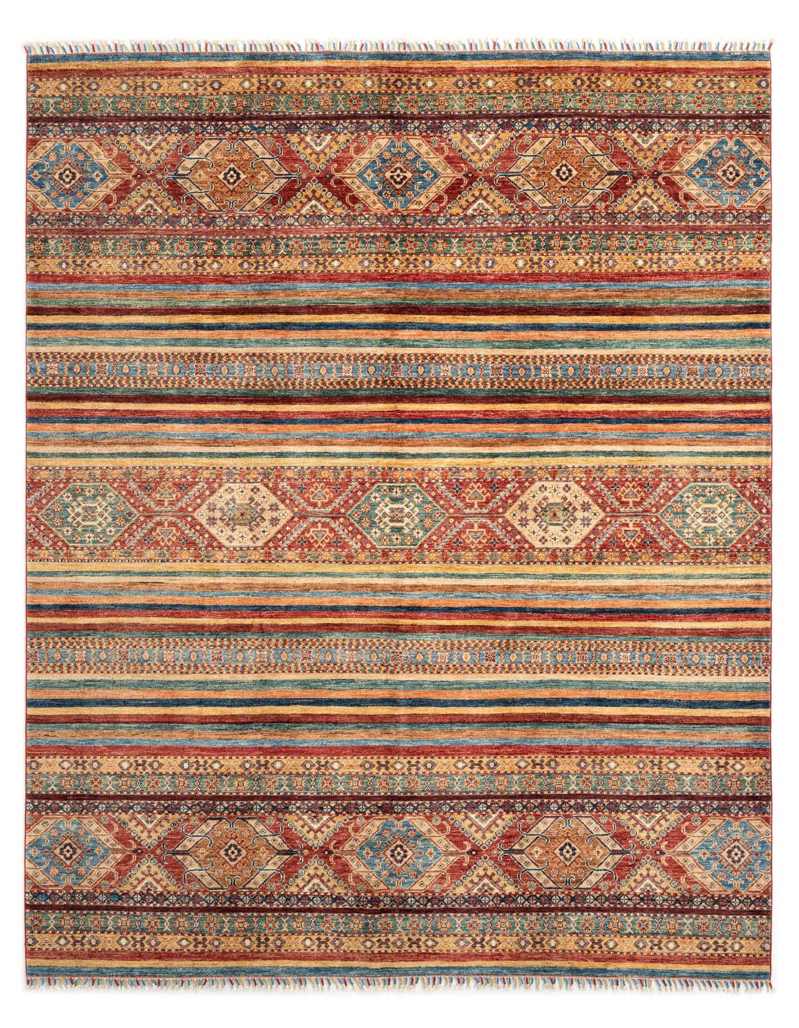 A vibrant 8x10 rectangular Torkman Persian rug with intricate patterns in reds, blues, and golds.