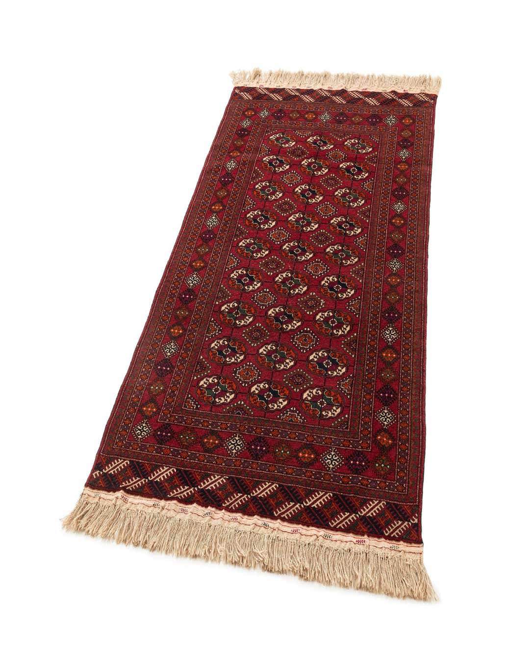A 5x8 rectangular red wool rug with traditional Turkmen Bochara patterns and fringe, suitable for an entryway or living room.