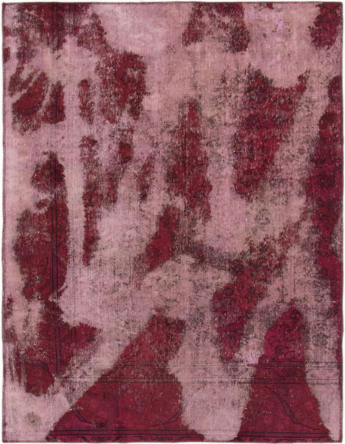 A 5x7 rectangular indoor rug featuring a distressed Persian-inspired pattern in shades of red and light pink.