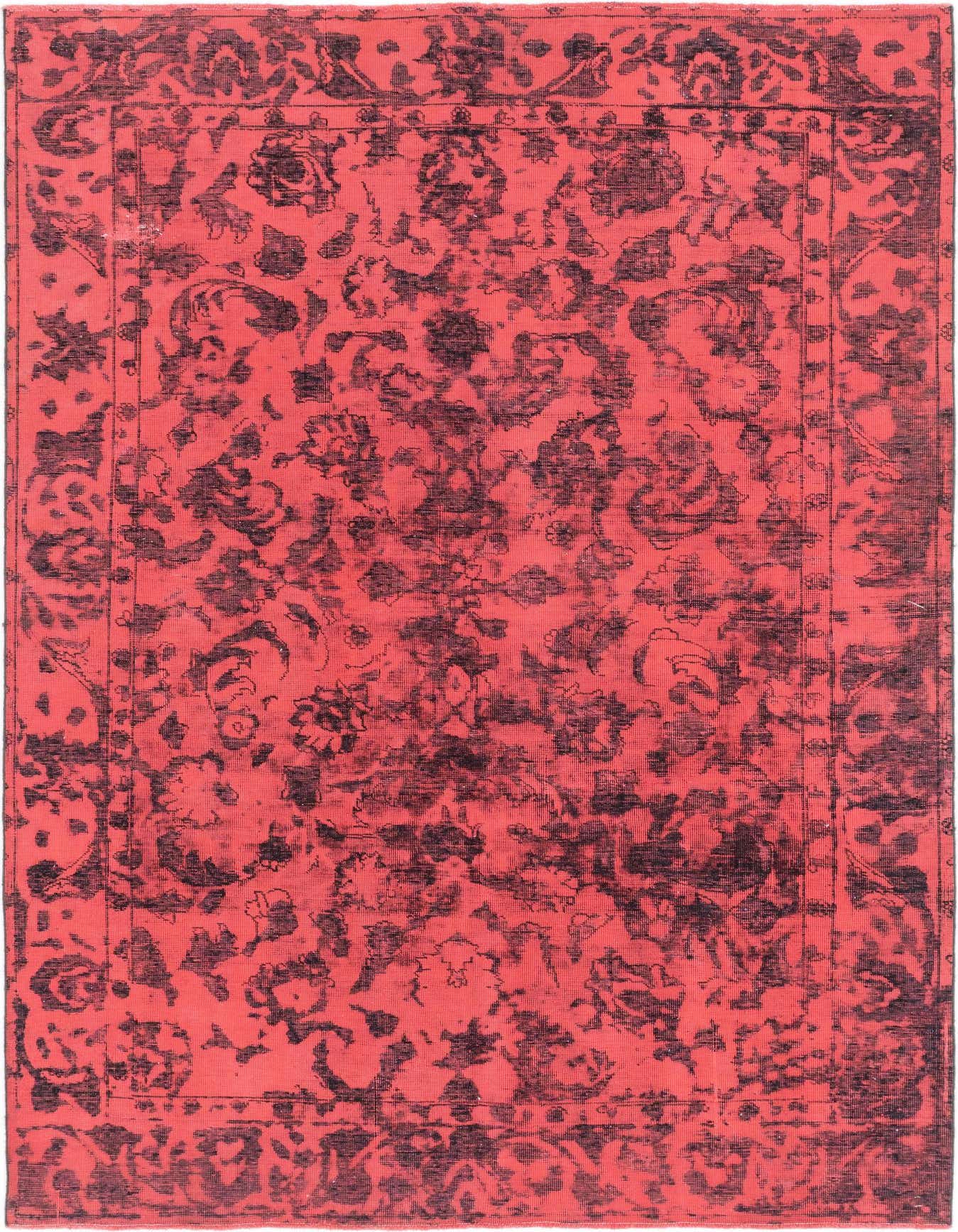 A 6x9 rectangular red wool rug with a distressed black Persian floral pattern and a subtle border.