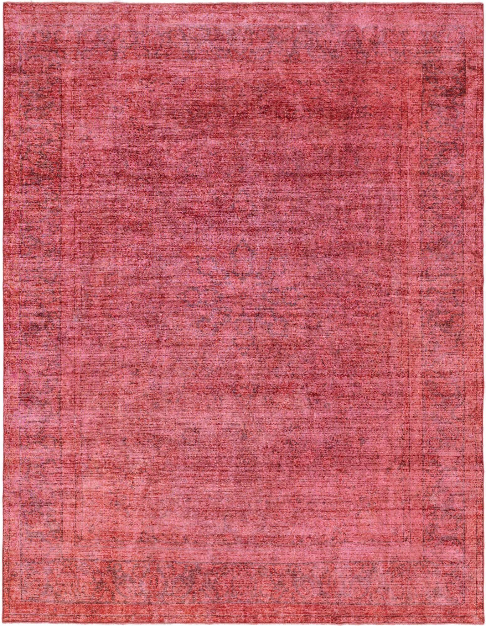A 10x13 rectangular red area rug with a subtle, distressed traditional Persian pattern and border.