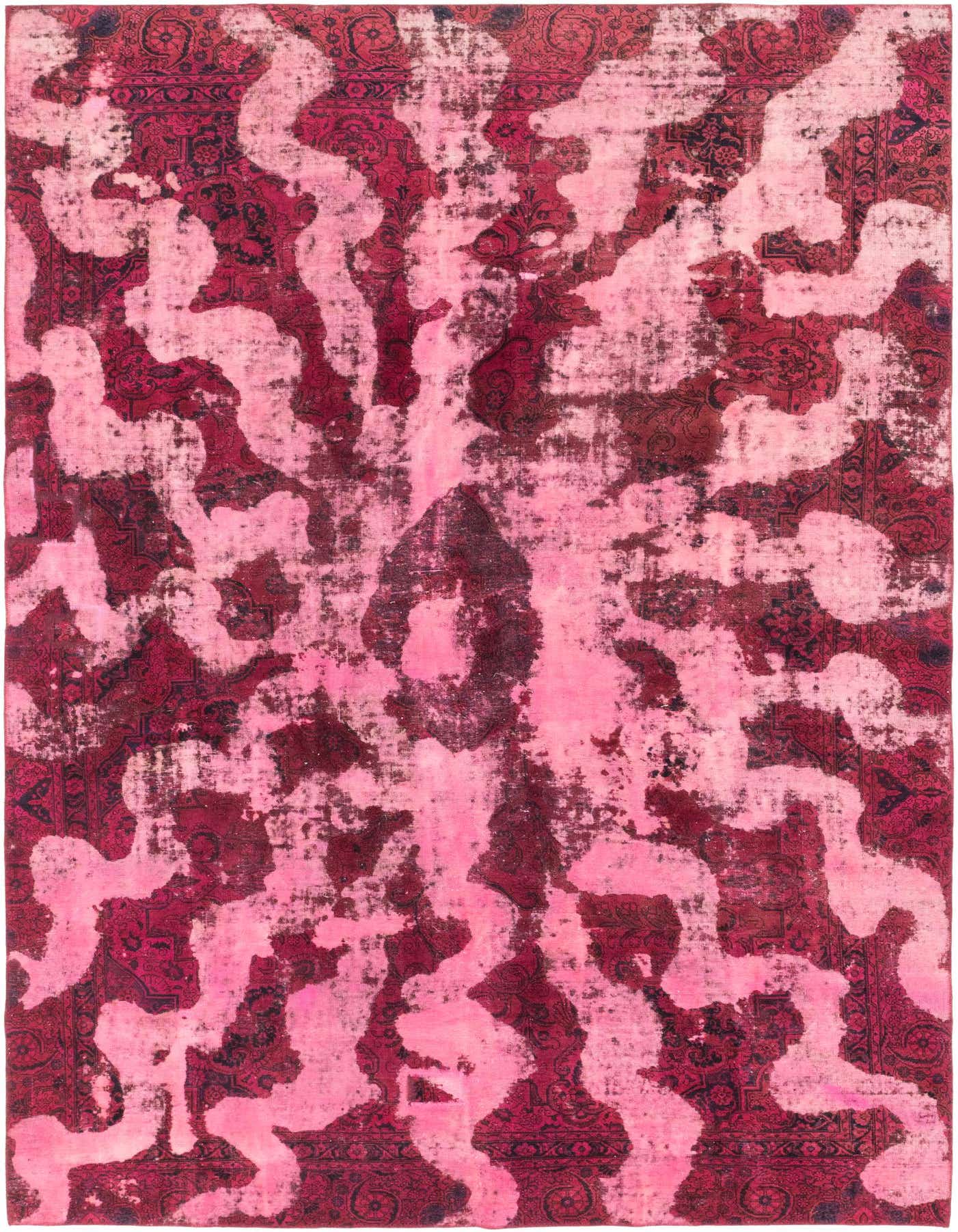 A large 8x12 rectangular Ultra Vintage rug featuring a distressed Persian pattern in various shades of red and pink.