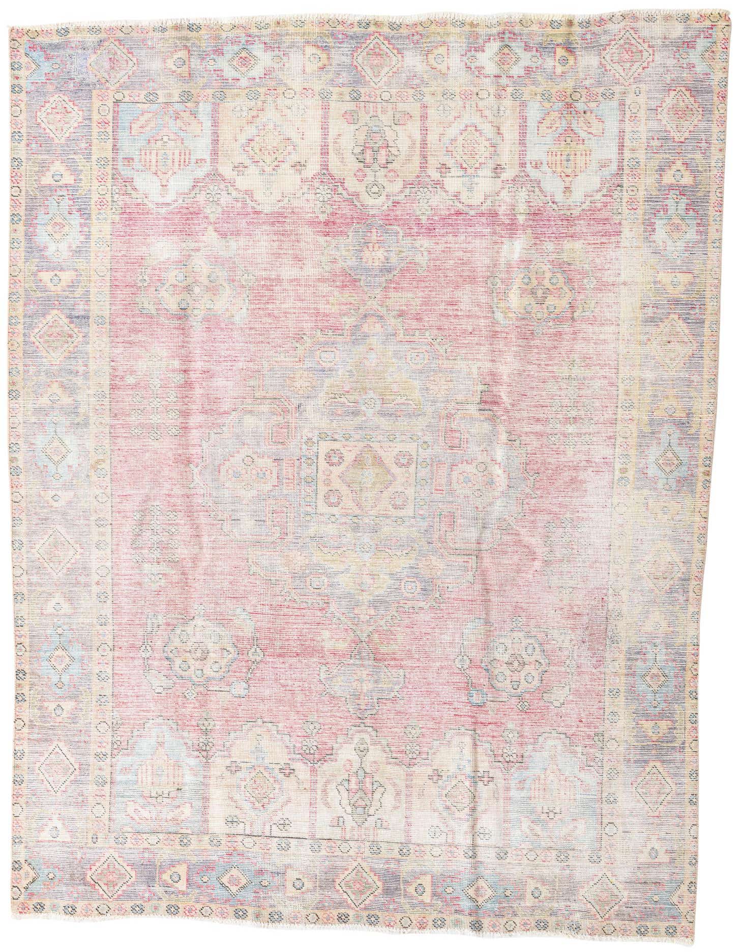 A 7x10 rectangular Ultra Vintage rug in faded reds, blues, and creams with a distressed Persian medallion pattern.