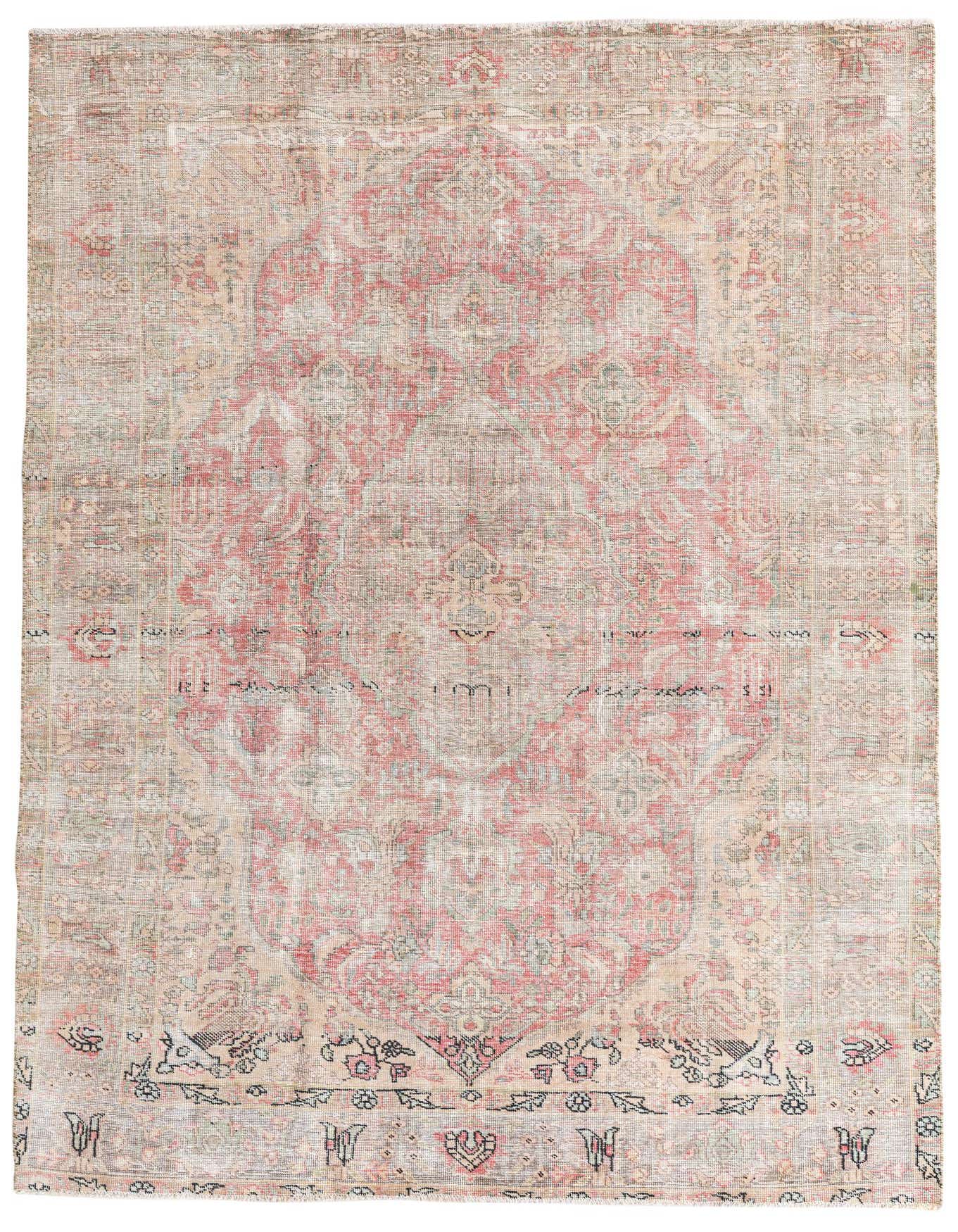 A 6x9 rectangular red Persian rug with a faded medallion pattern and vintage style, suitable for a living room.