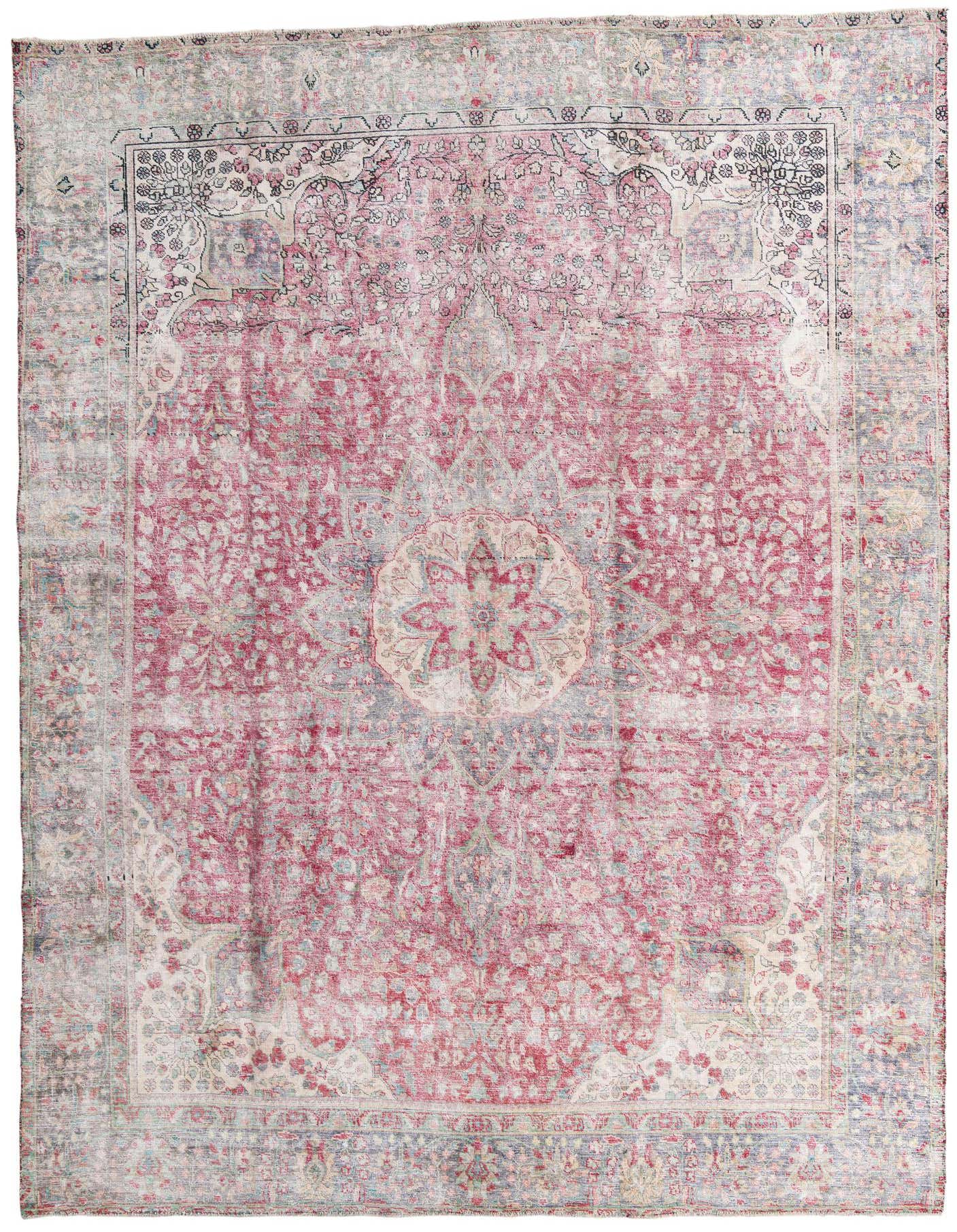 A large 9x12 rectangular Ultra Vintage Persian rug in faded reds and blues with an ornate medallion pattern.