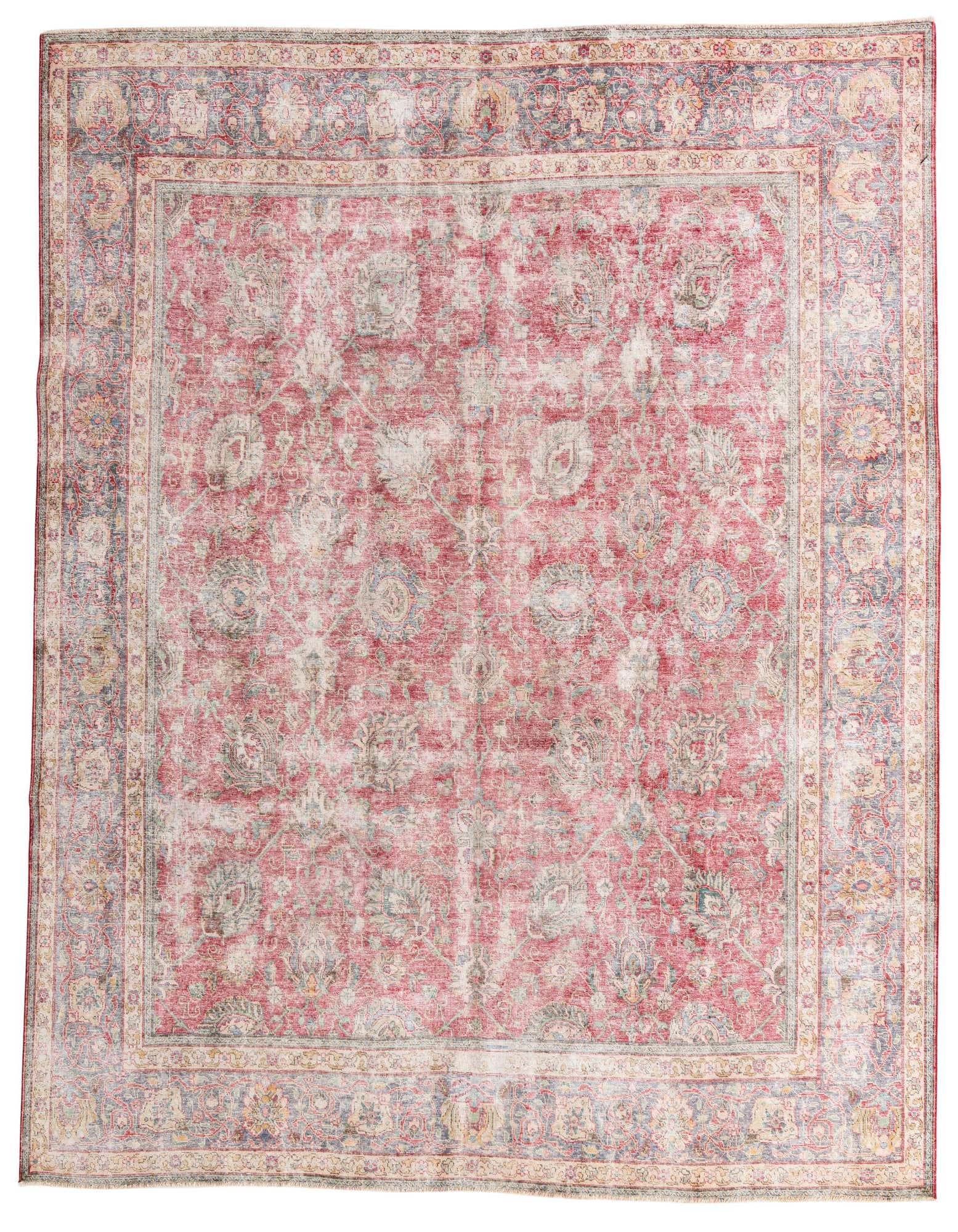 A 10x12 rectangular red Persian-style rug with a distressed vintage look, featuring intricate floral and medallion patterns in muted blues, creams, and grays.