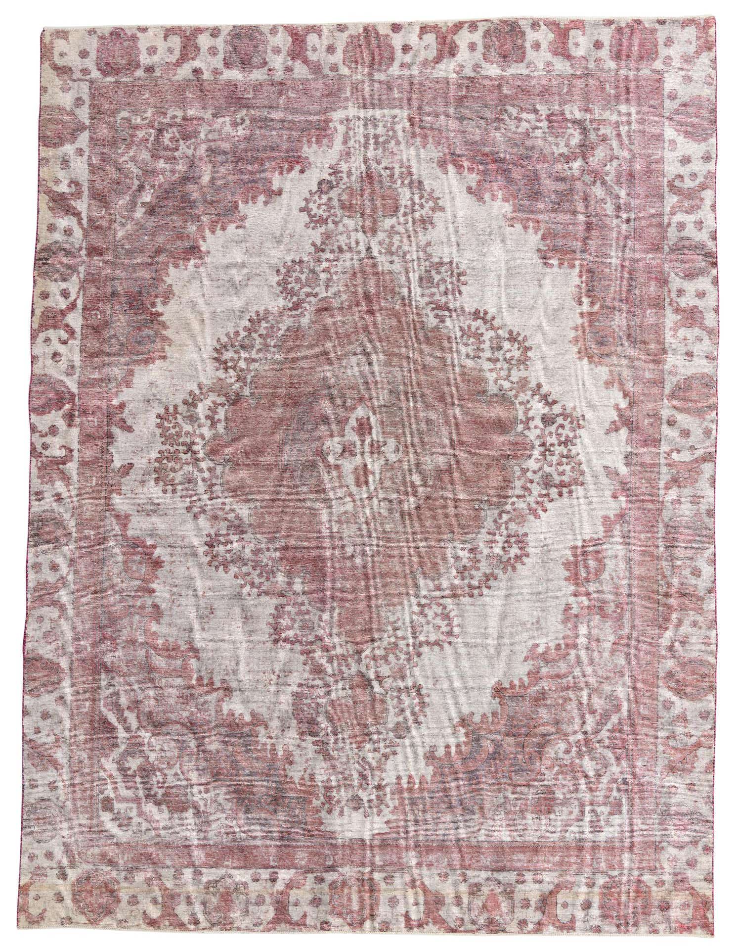An 8x12 rectangular Ultra Vintage Persian rug in faded red and cream, featuring a central medallion and ornate border.