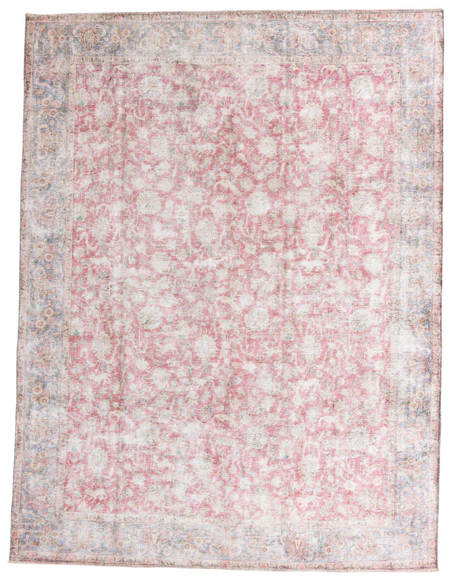 A large 9x12 rectangular Ultra Vintage Persian rug with a faded red and white floral pattern and a muted blue border.