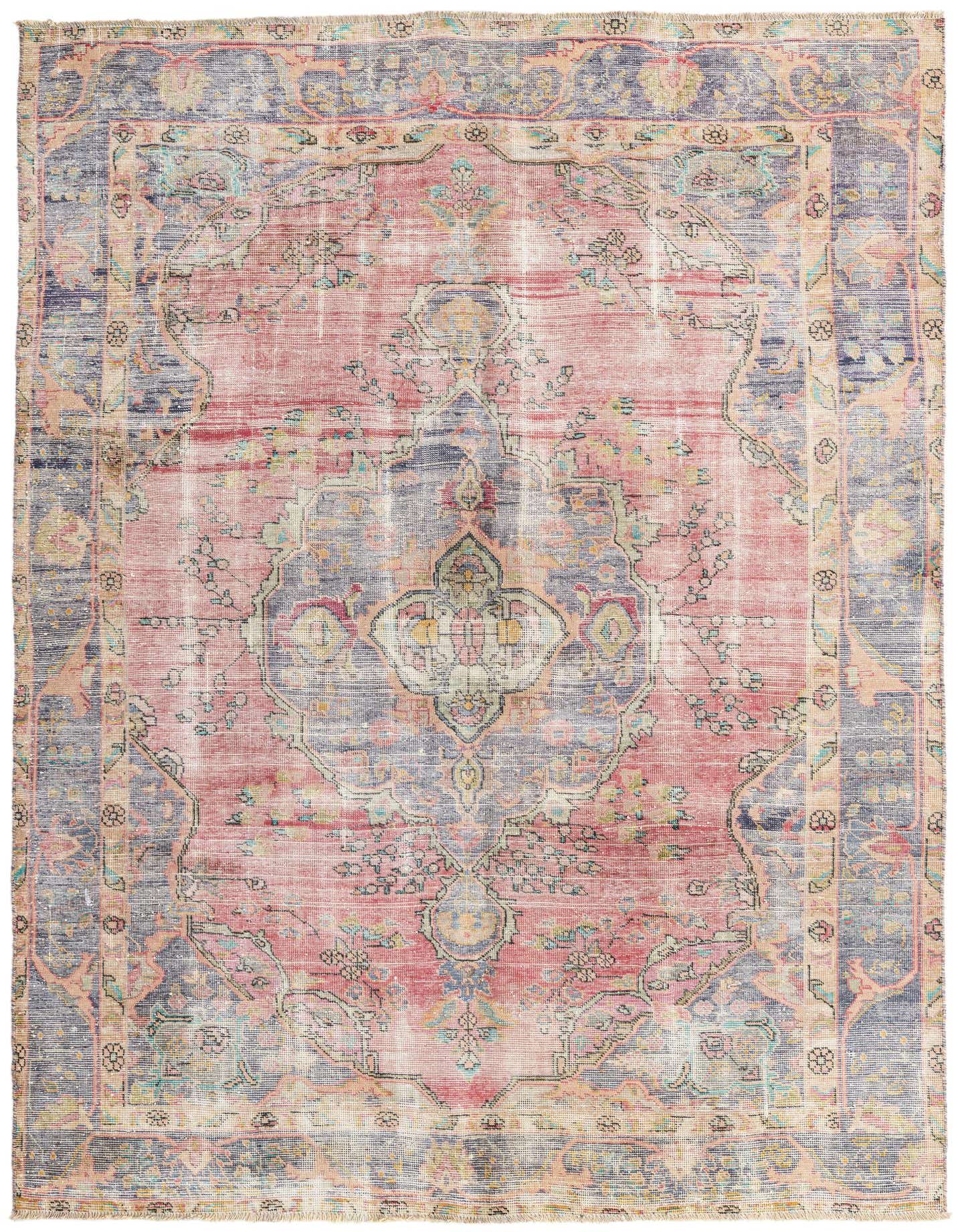 A 6x9 rectangular Ultra Vintage rug featuring a faded Persian pattern in reds, blues, and creams, suitable for a living room.