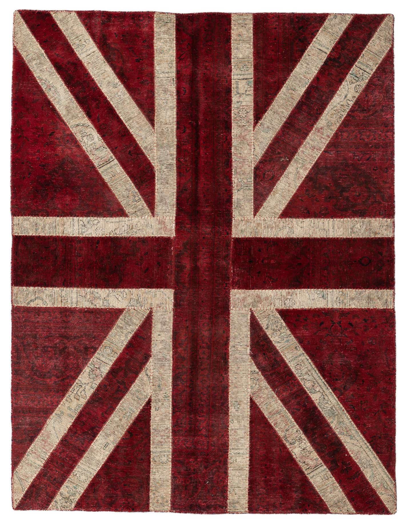 A 6x9 rectangular rug featuring a distressed Union Jack flag pattern in deep red and off-white, suitable for a living room.