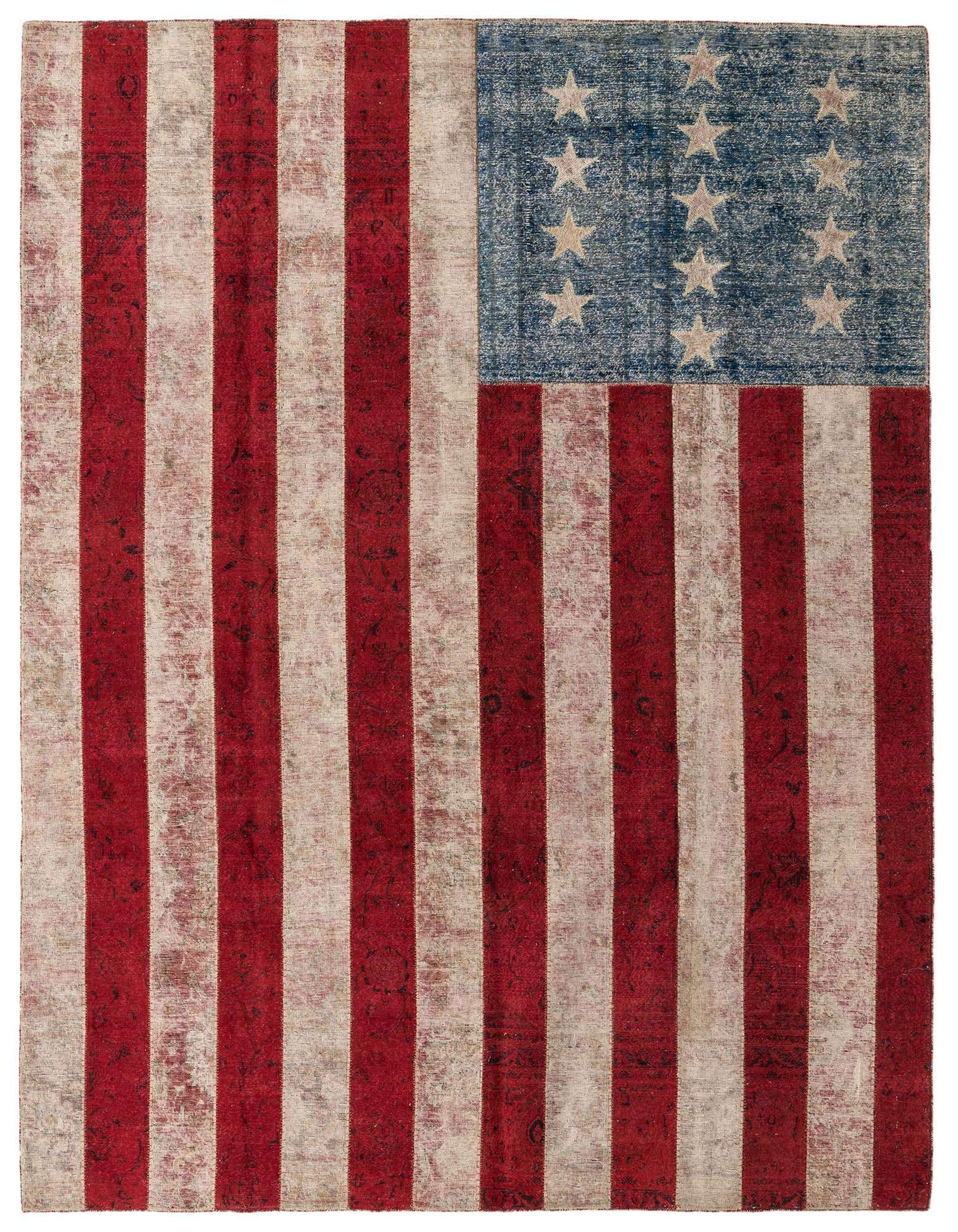 An 8x10 rectangular rug featuring a distressed American flag design with red and off-white stripes and a blue field with white stars.