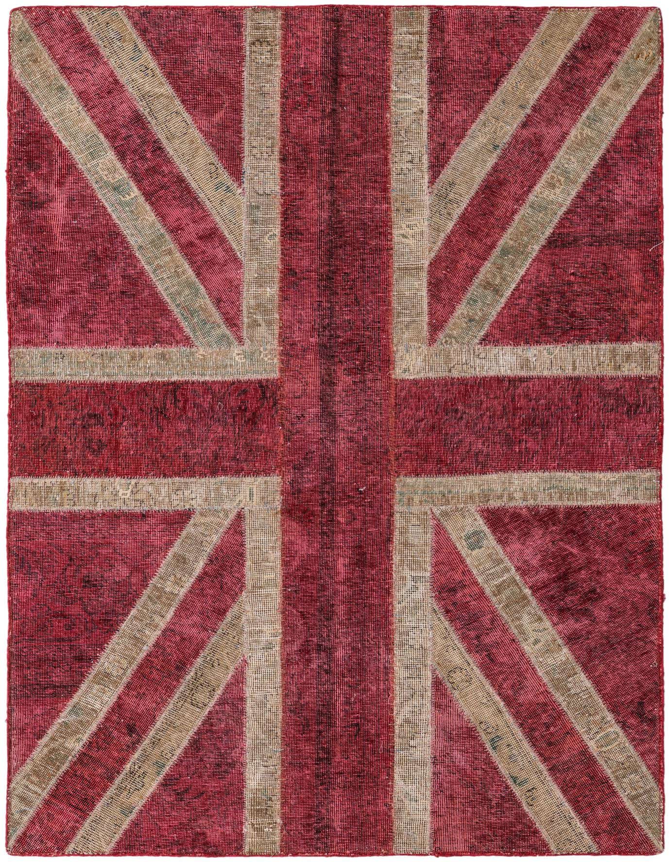 A 4x6 rectangular Ultra Vintage rug in deep reds with a distressed Union Jack flag pattern in faded beige, showcasing its flat, handmade wool texture.