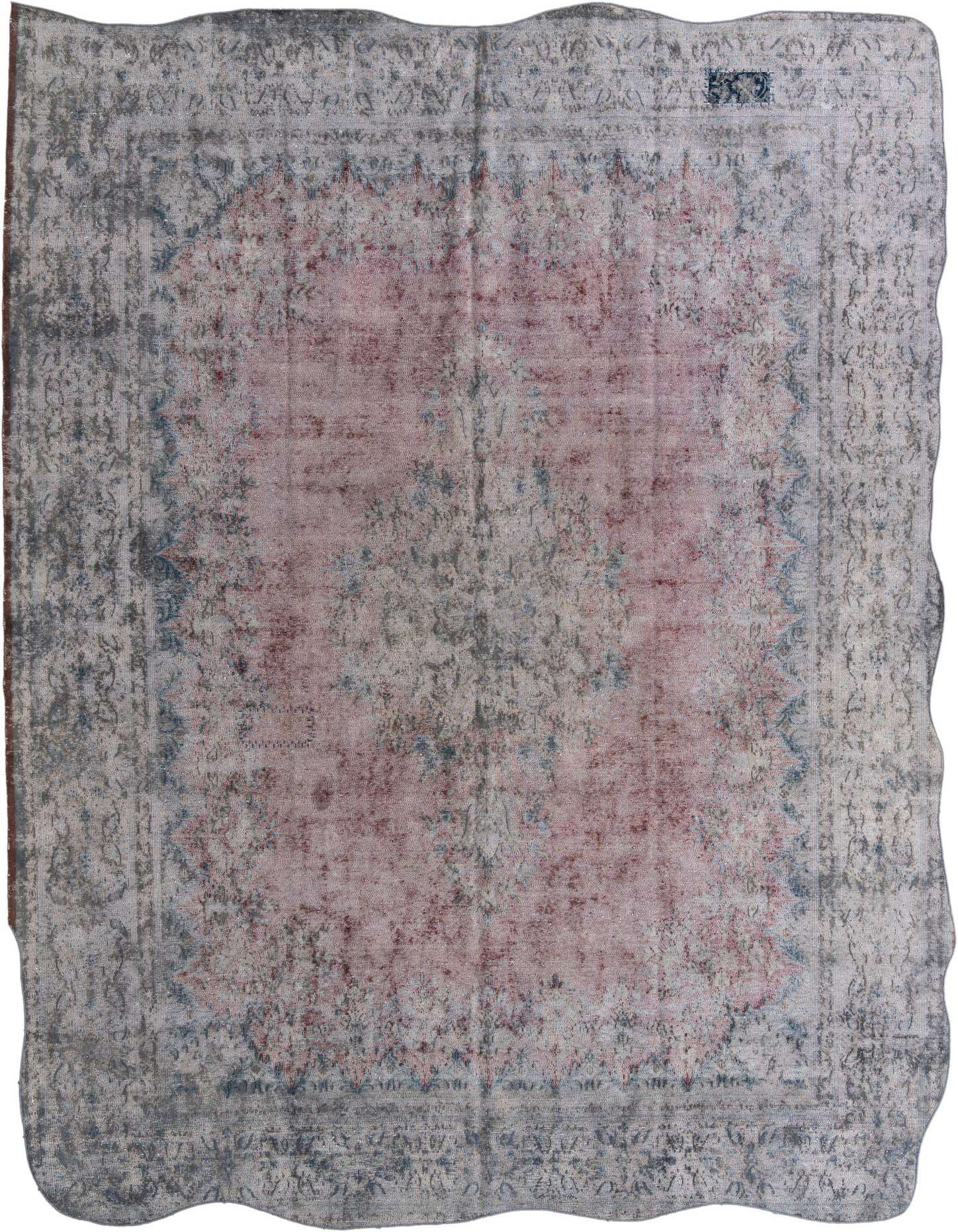 A 9x12 rectangular Ultra Vintage wool rug with a faded red medallion center and grey Persian border.