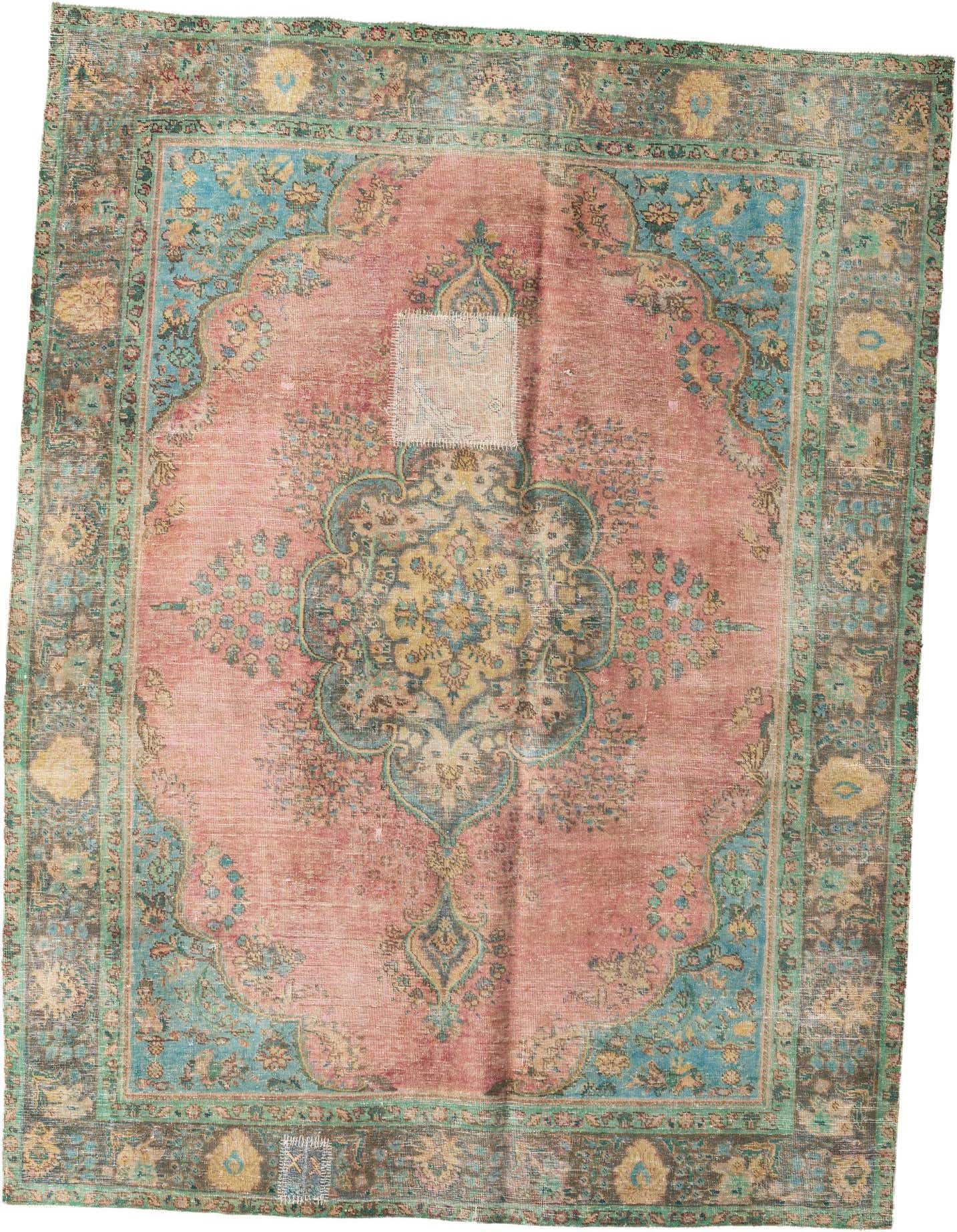 A 6x9 rectangular Ultra Vintage wool rug featuring a distressed Persian medallion pattern in faded reds, blues, and greens.