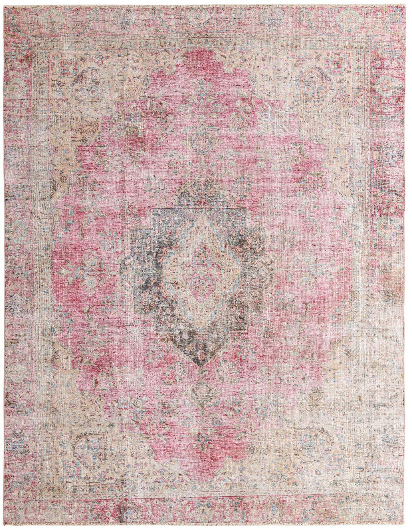 A large 9x12 rectangular Ultra Vintage rug with a distressed red field and a faded medallion Persian pattern, suitable for a living room.
