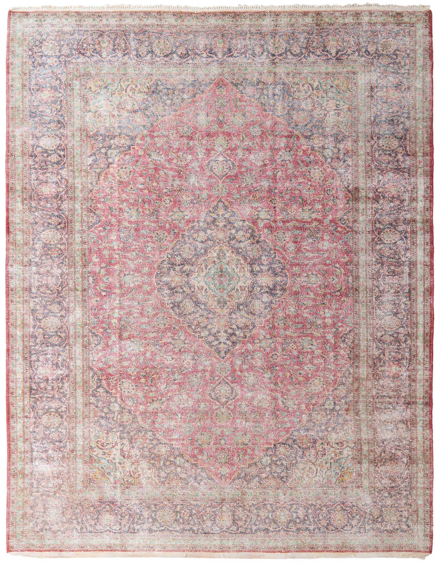 A 10x13 rectangular red Persian rug with a faded medallion pattern and intricate floral motifs, ideal for a living room.