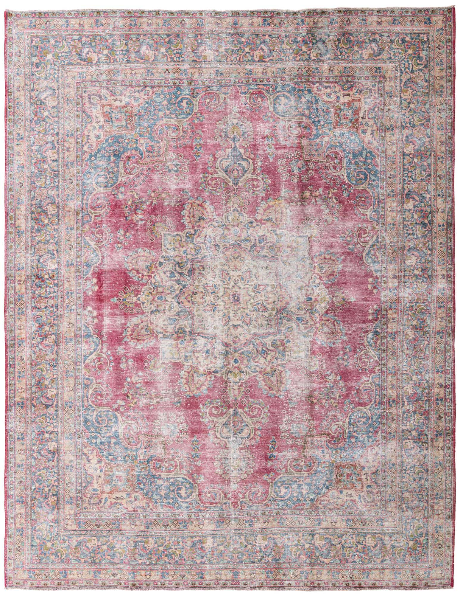 A 10x12 rectangular Ultra Vintage Persian rug featuring a distressed red field with a central medallion and ornate blue and cream patterns.