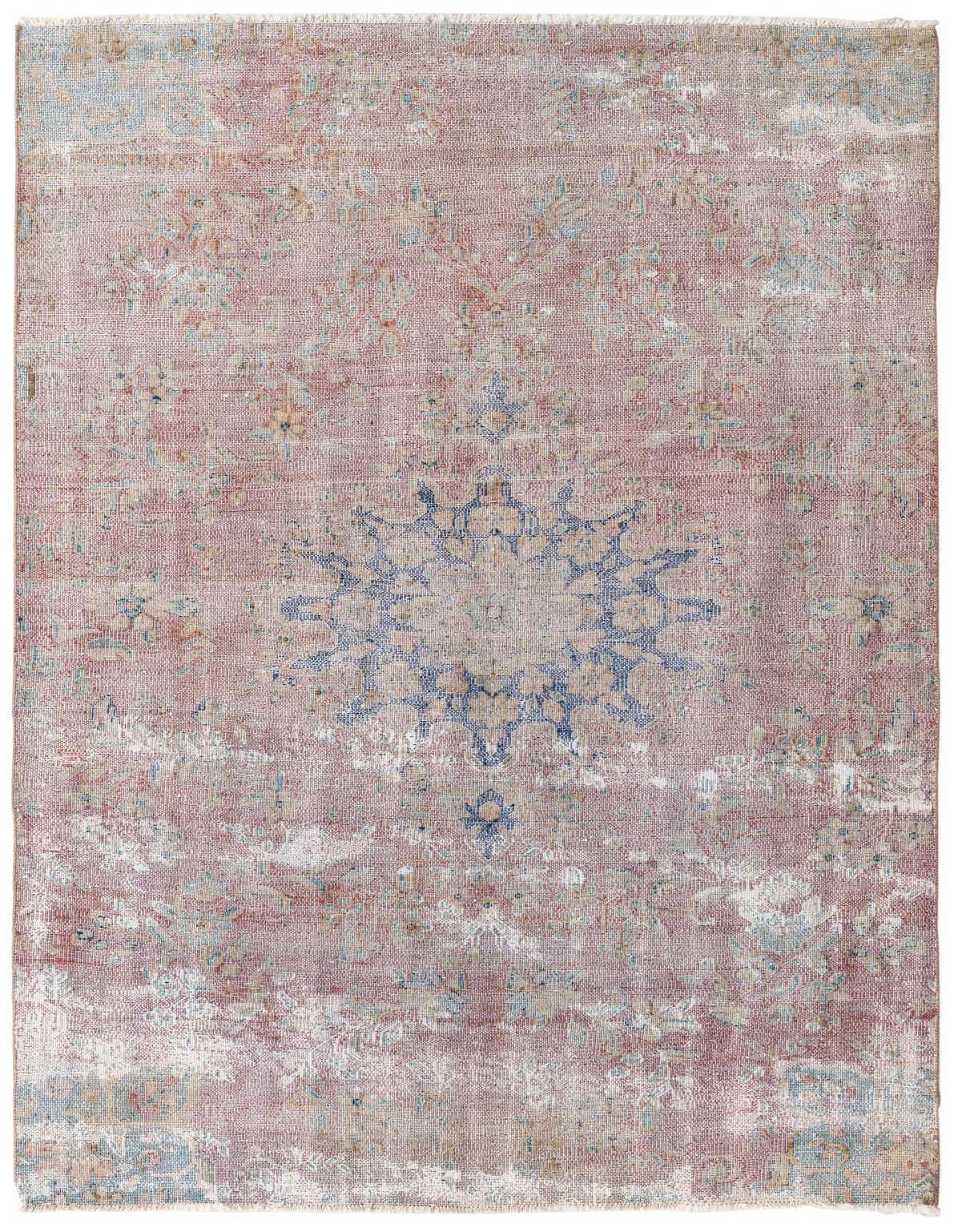 A 5x8 rectangular Ultra Vintage wool rug in faded reds and blues, featuring a distressed Persian medallion pattern.