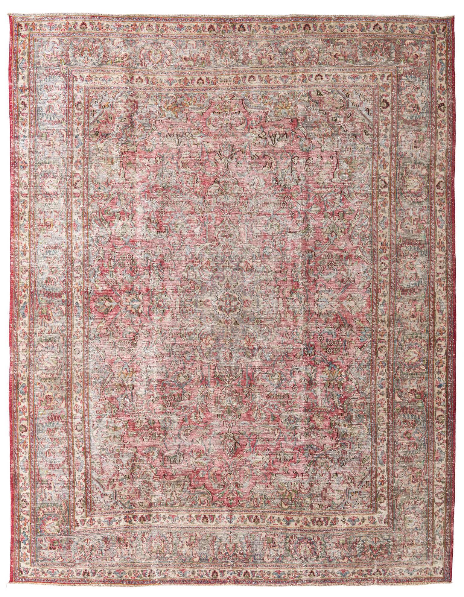 A 10x13 rectangular red Persian rug with a faded vintage medallion pattern and intricate border.