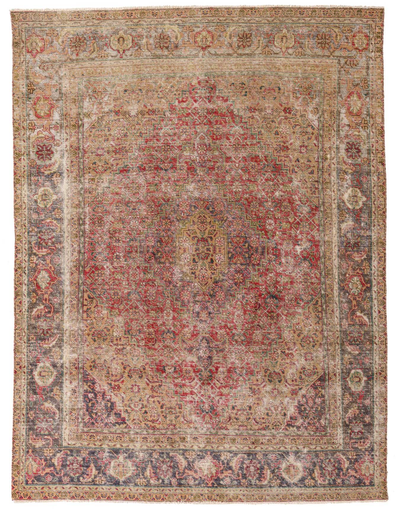 A 6x9 rectangular Ultra Vintage wool rug featuring a distressed Persian medallion pattern in shades of red, gold, and dark blue.