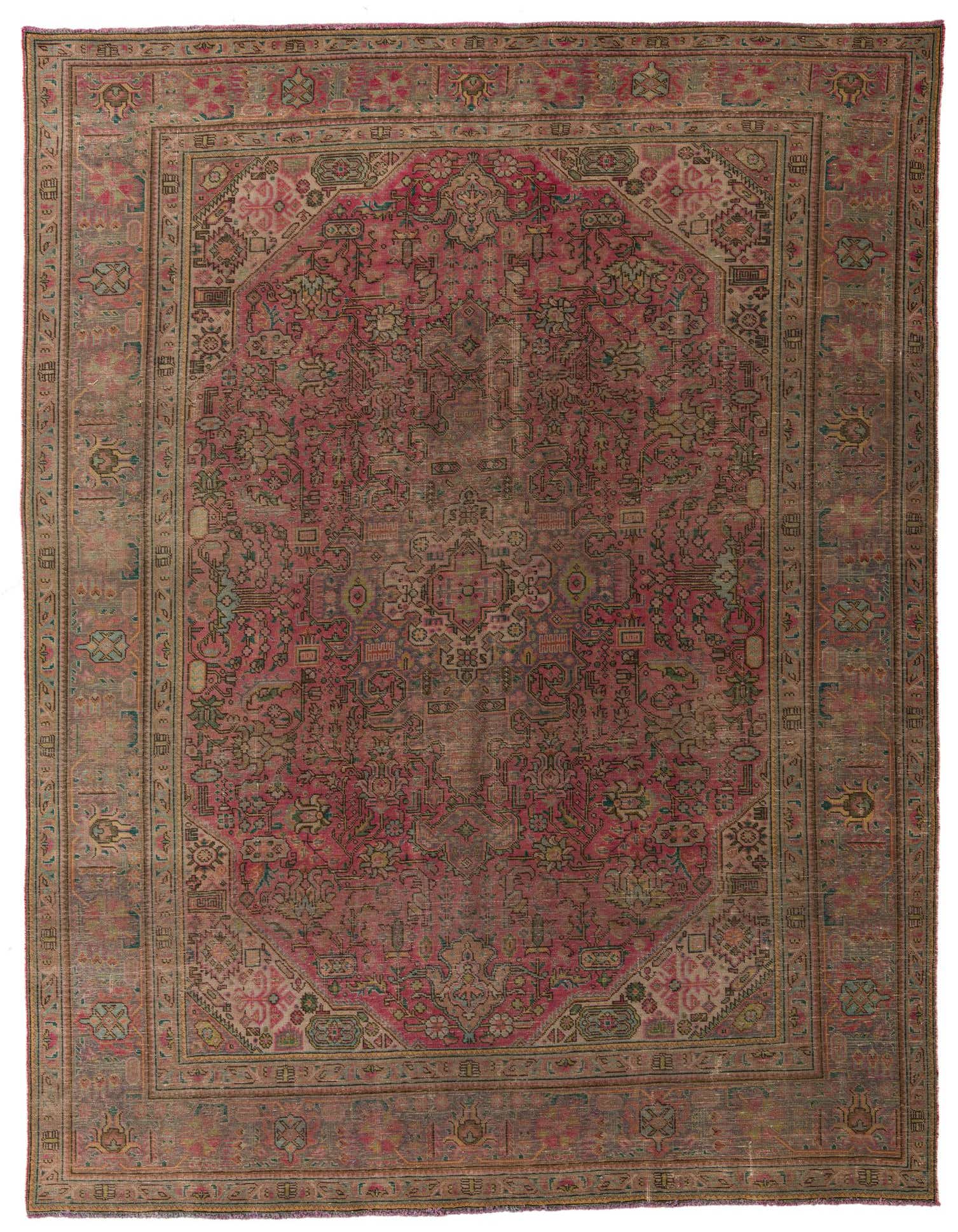 A large 10x12 rectangular red Persian rug with a faded vintage medallion pattern and intricate border.