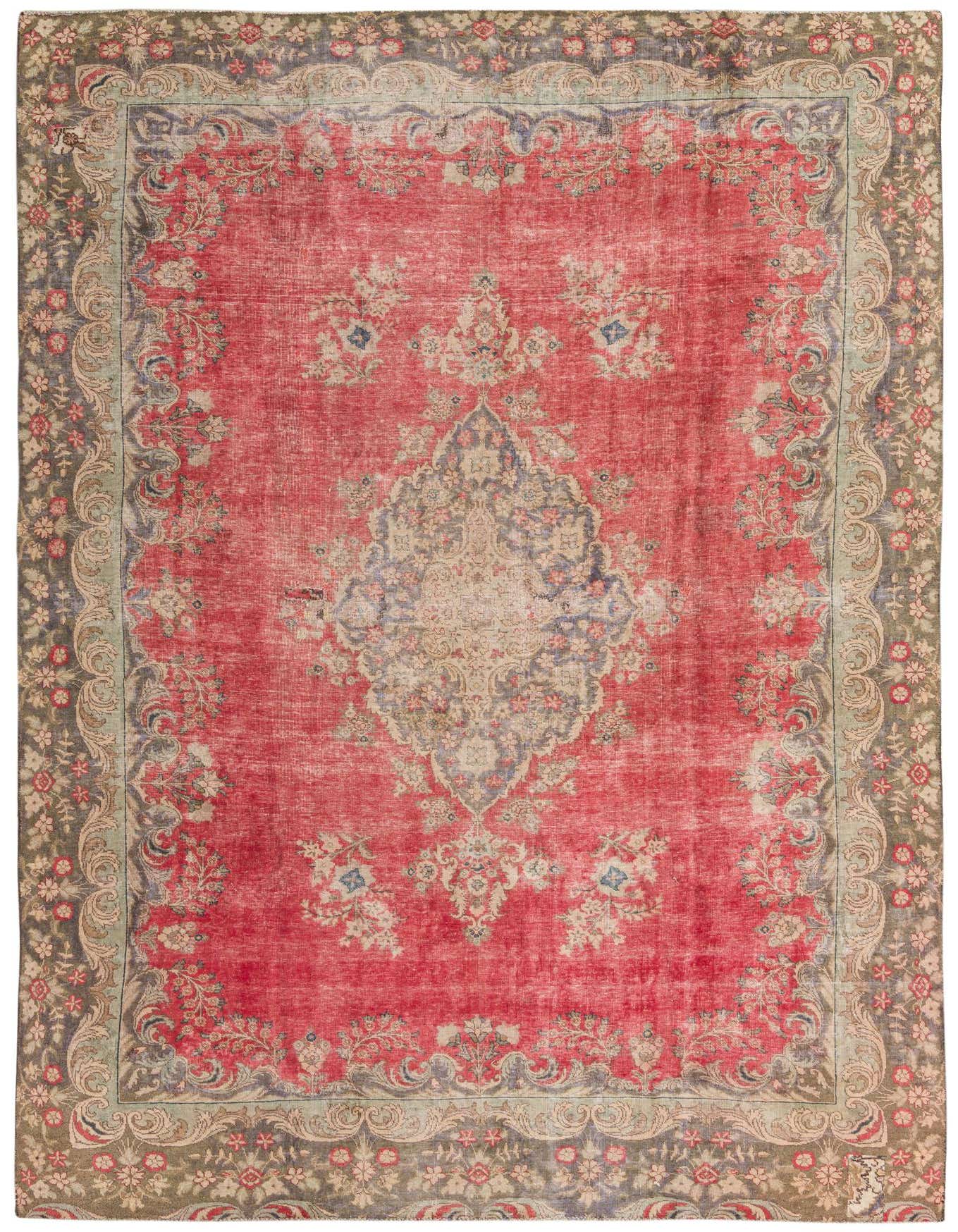 An 8x12 rectangular Ultra Vintage rug in faded red with a central medallion and intricate floral Persian patterns, featuring a distressed look.