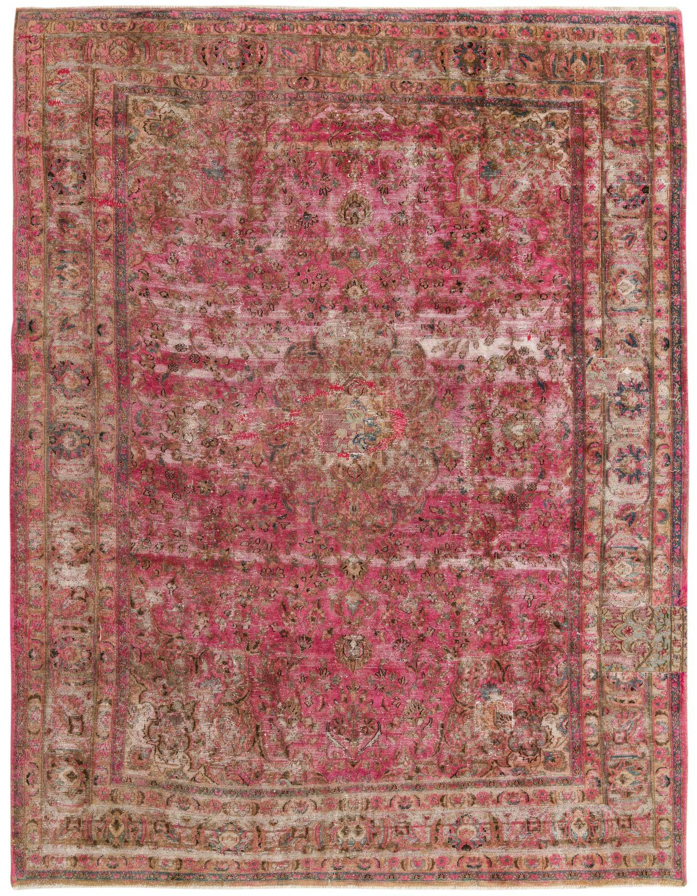 8x12 rectangular Ultra Vintage rug featuring a distressed Persian medallion pattern in shades of red, pink, and muted beige.