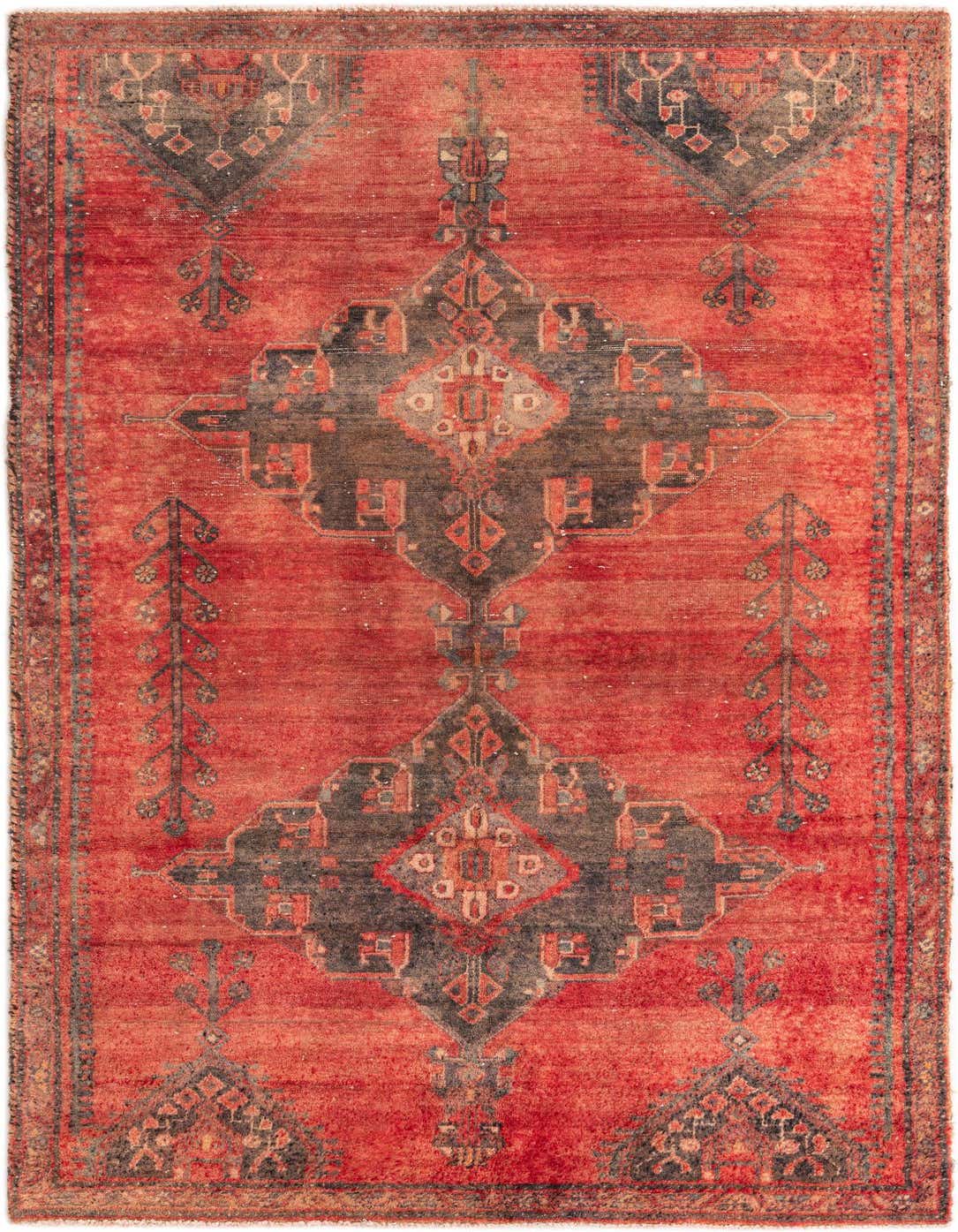 A 5x8 rectangular red Persian-style wool rug with a faded black medallion pattern and traditional border.