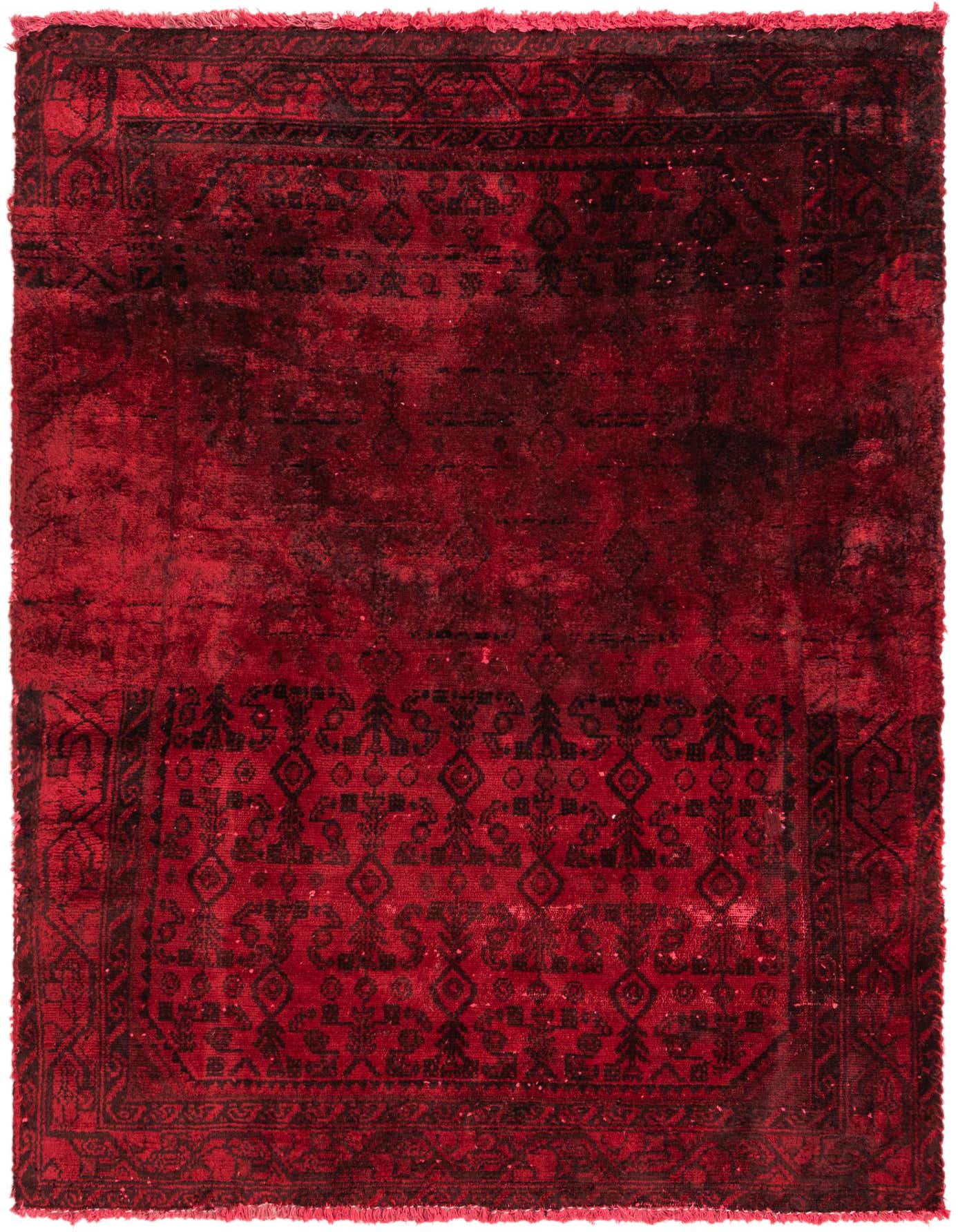 A 3x5 rectangular red Persian rug with a faded traditional pattern and dark accents, handmade from wool.