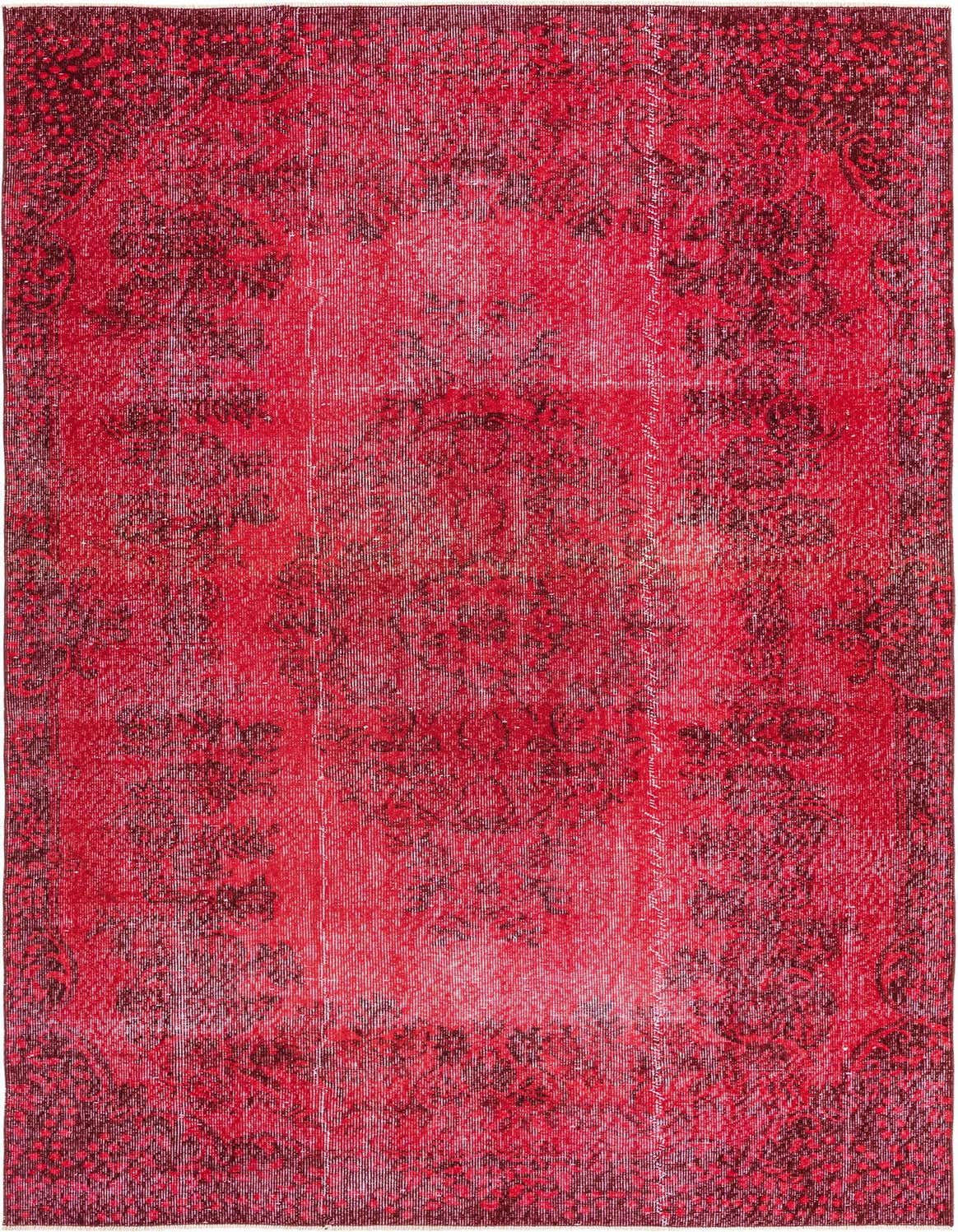 A 6x9 rectangular red wool rug with a distressed modern vintage Persian pattern, ideal for a living room.