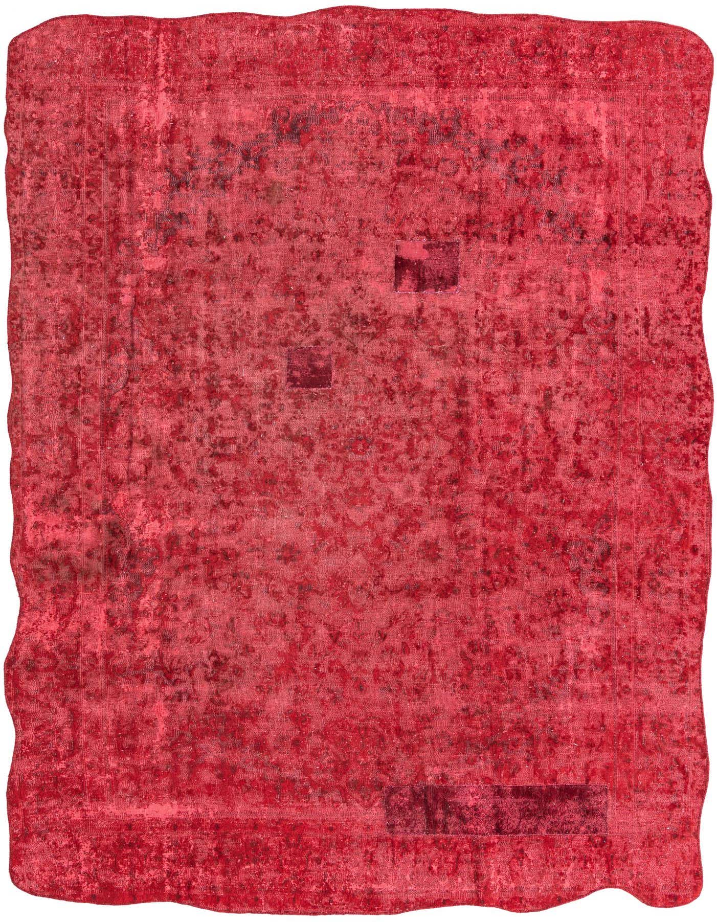 A rectangular 8x11 red Persian-style rug with a distressed, vintage pattern and subtle darker patches.