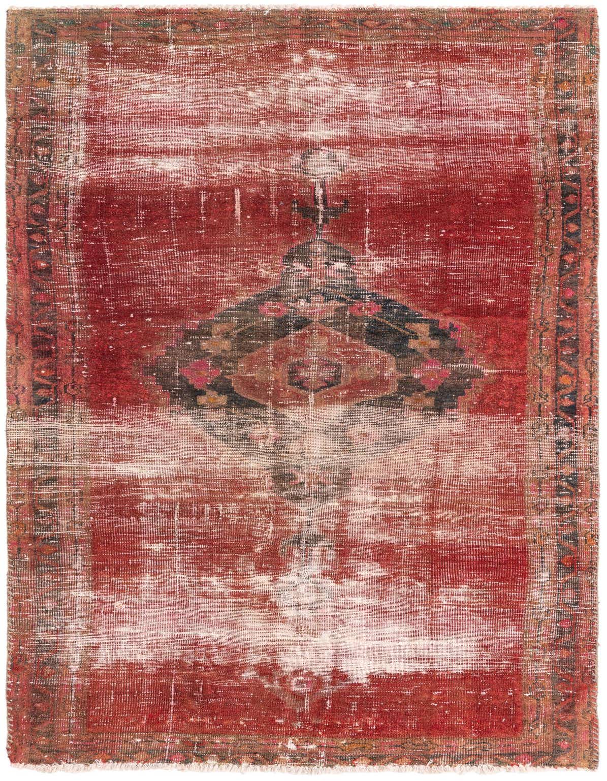 A 4x6 rectangular red Persian rug with a faded medallion pattern and distressed vintage look, ideal for a living room.