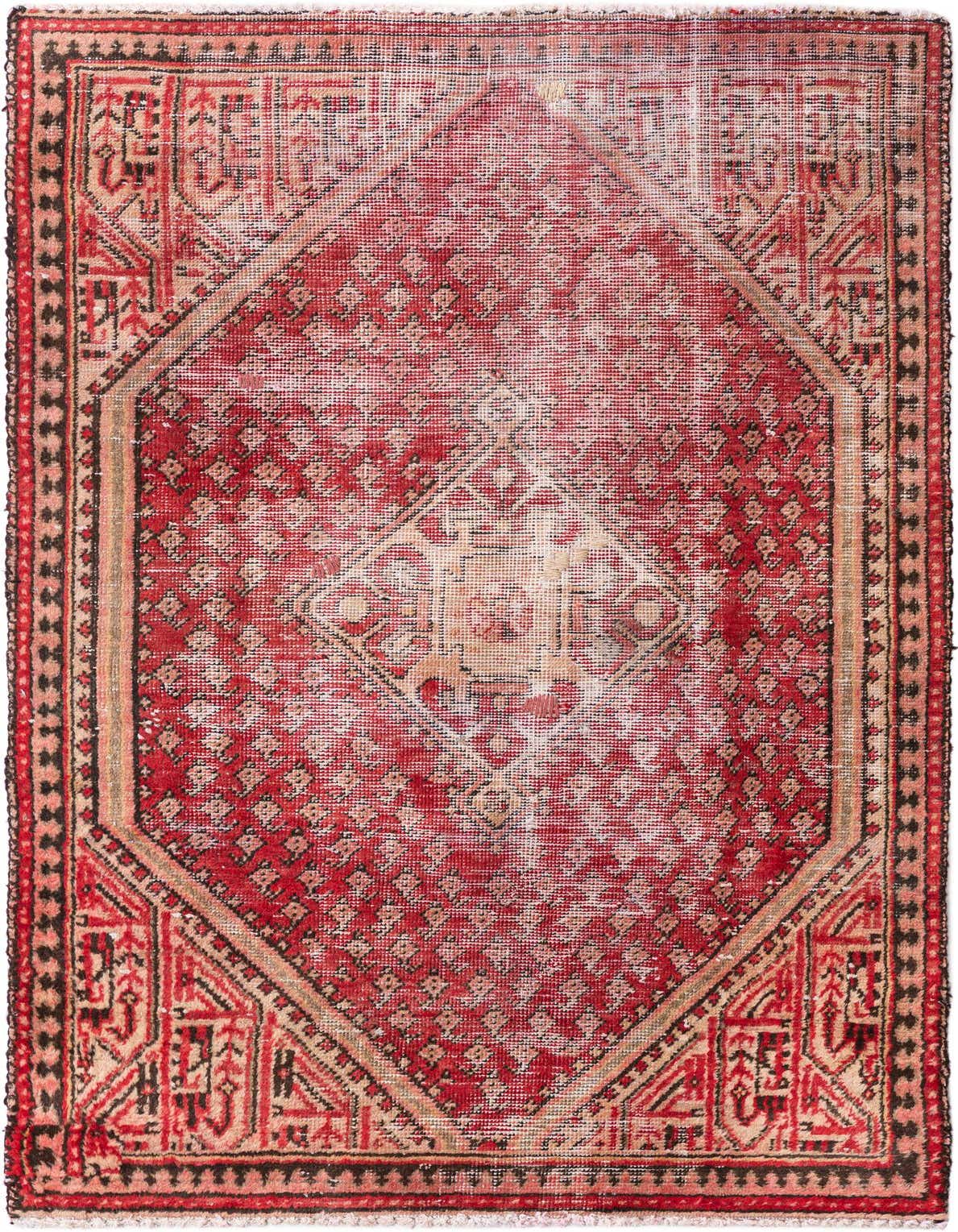 A 3x5 rectangular red Persian-style rug with a distressed vintage look and intricate geometric patterns.